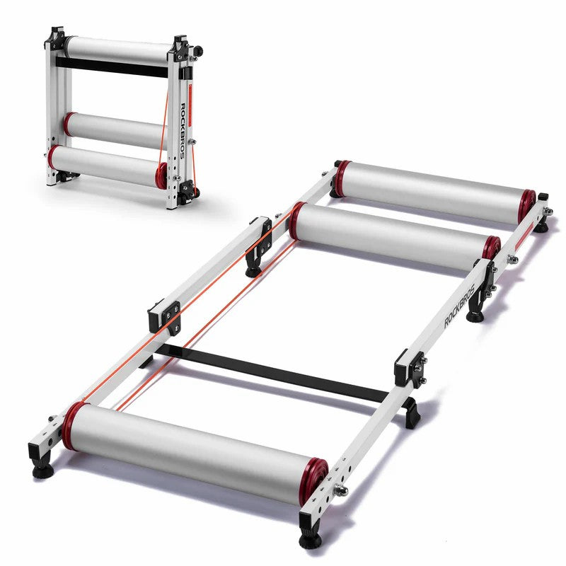 ROCKBROS foldable aluminum roller bike trainer showing both expanded and folded states for compact indoor cycling storage.
#Color_White