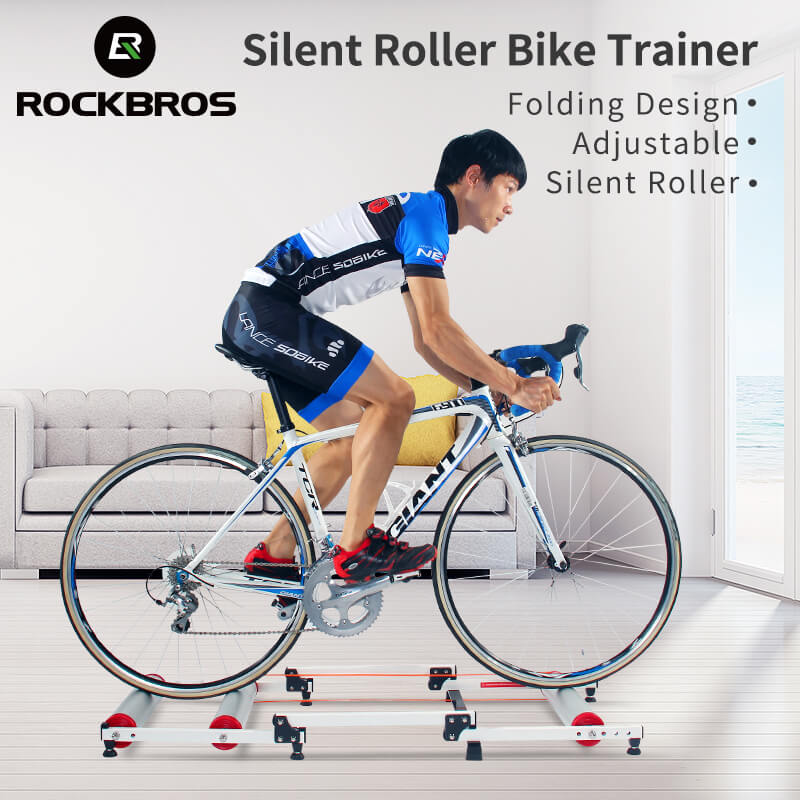 ROCKBROS foldable aluminum roller bike trainer showing both expanded and folded states for compact indoor cycling storage.