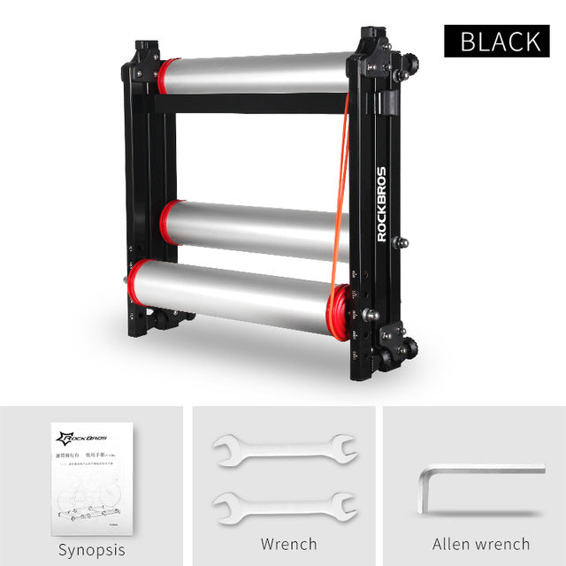 ROCKBROS foldable aluminum roller bike trainer showing both expanded and folded states for compact indoor cycling storage.
#Color_Black