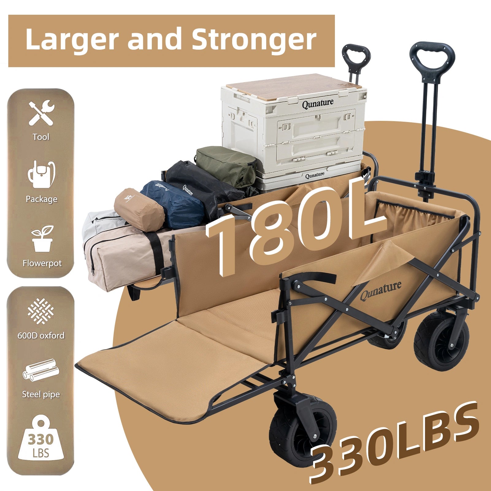ROCKBROS 150L Foldable Camping Wagon with All-Terrain Wheels and Heavy-Duty Steel Frame
