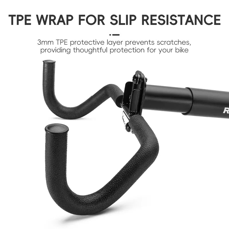 ROCKBROS foldable bike wall rack folded flat against the wall to save storage space