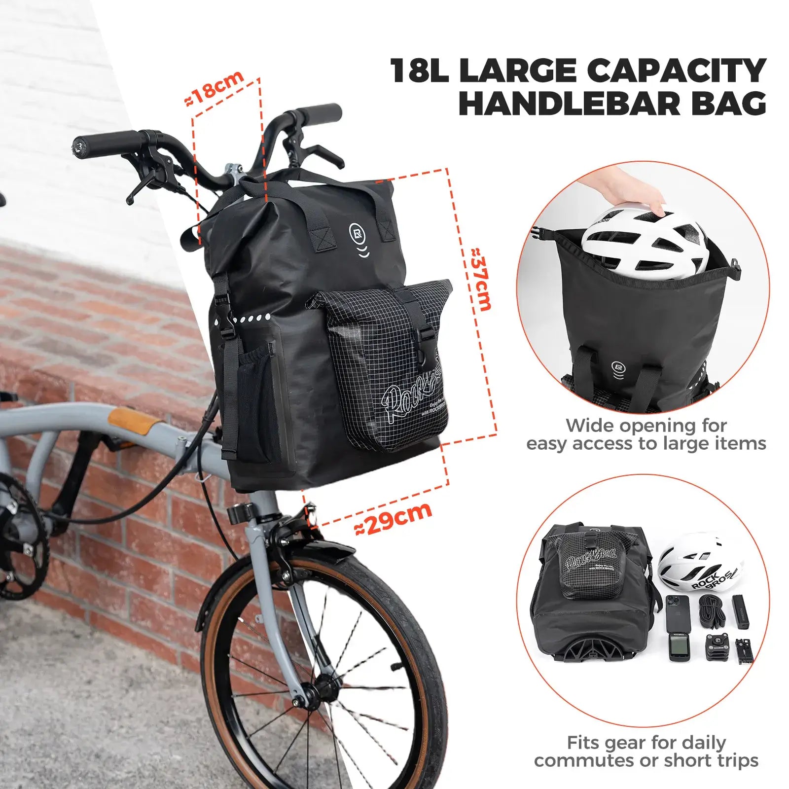 ROCKBROS folding bike handlebar bag 18L roll-top waterproof front bag for commuting