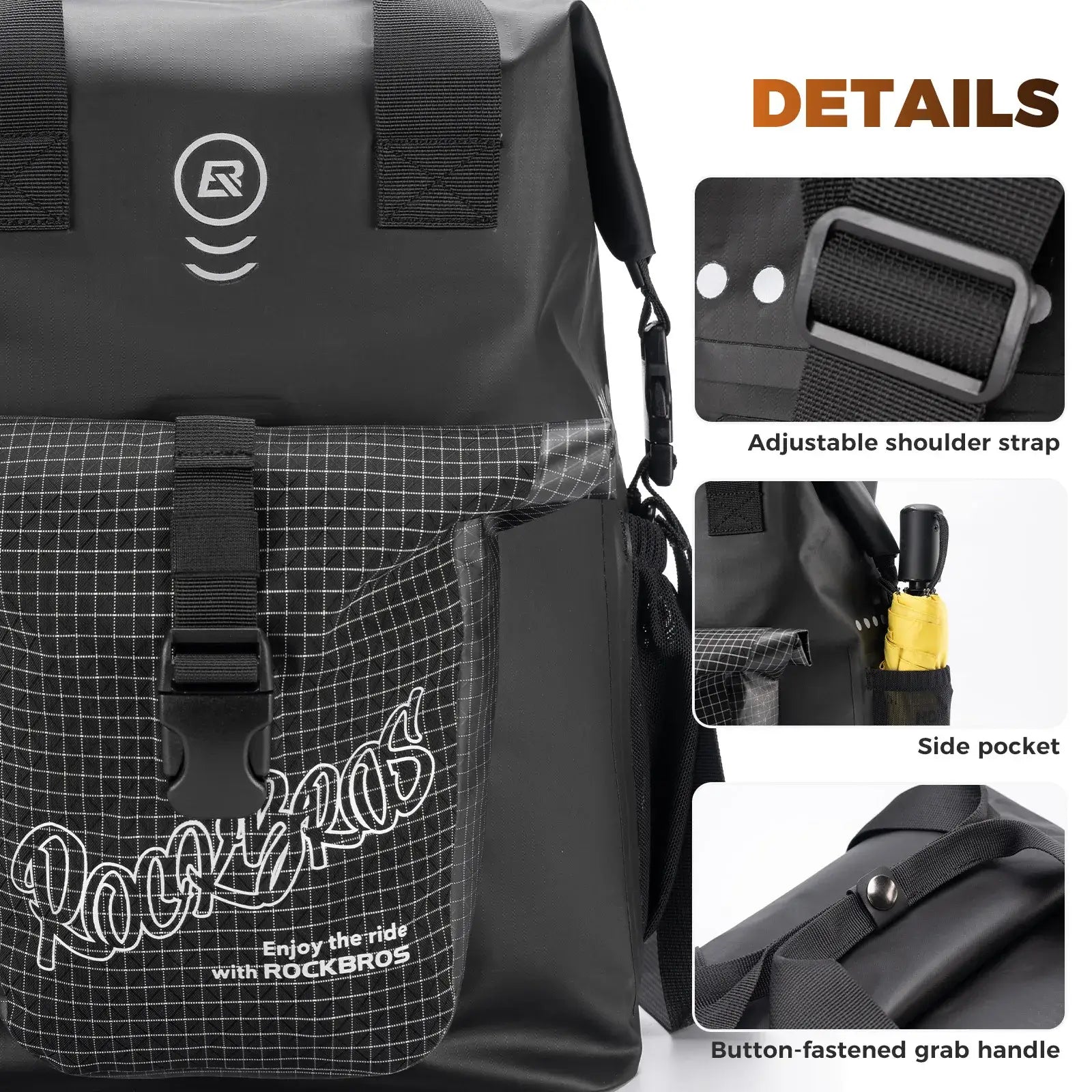 ROCKBROS folding bike handlebar bag 18L roll-top waterproof front bag for commuting