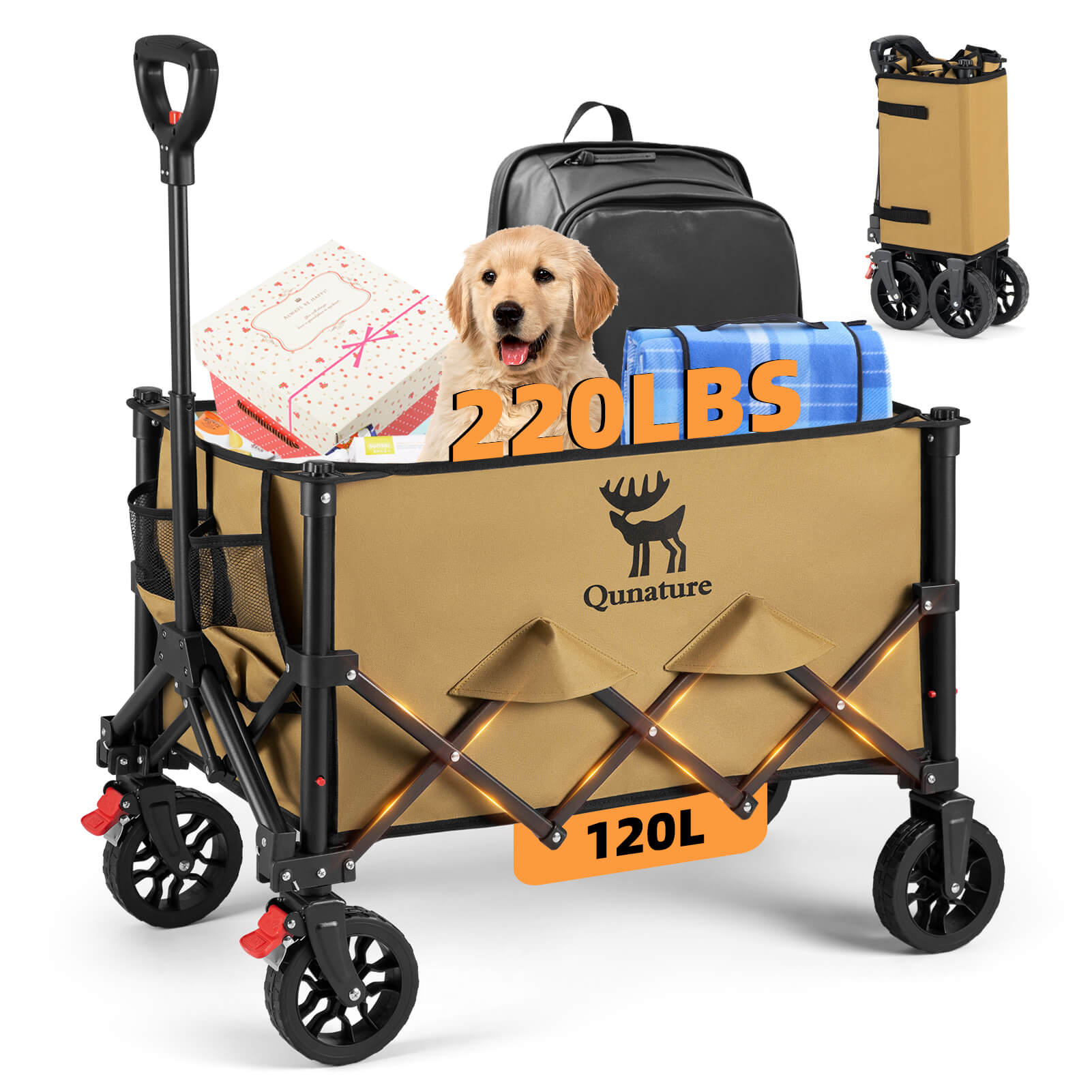 Qunature folding camping wagon 120L heavy duty all terrain wagon cart for outdoor and beach use
#Color_Khaki