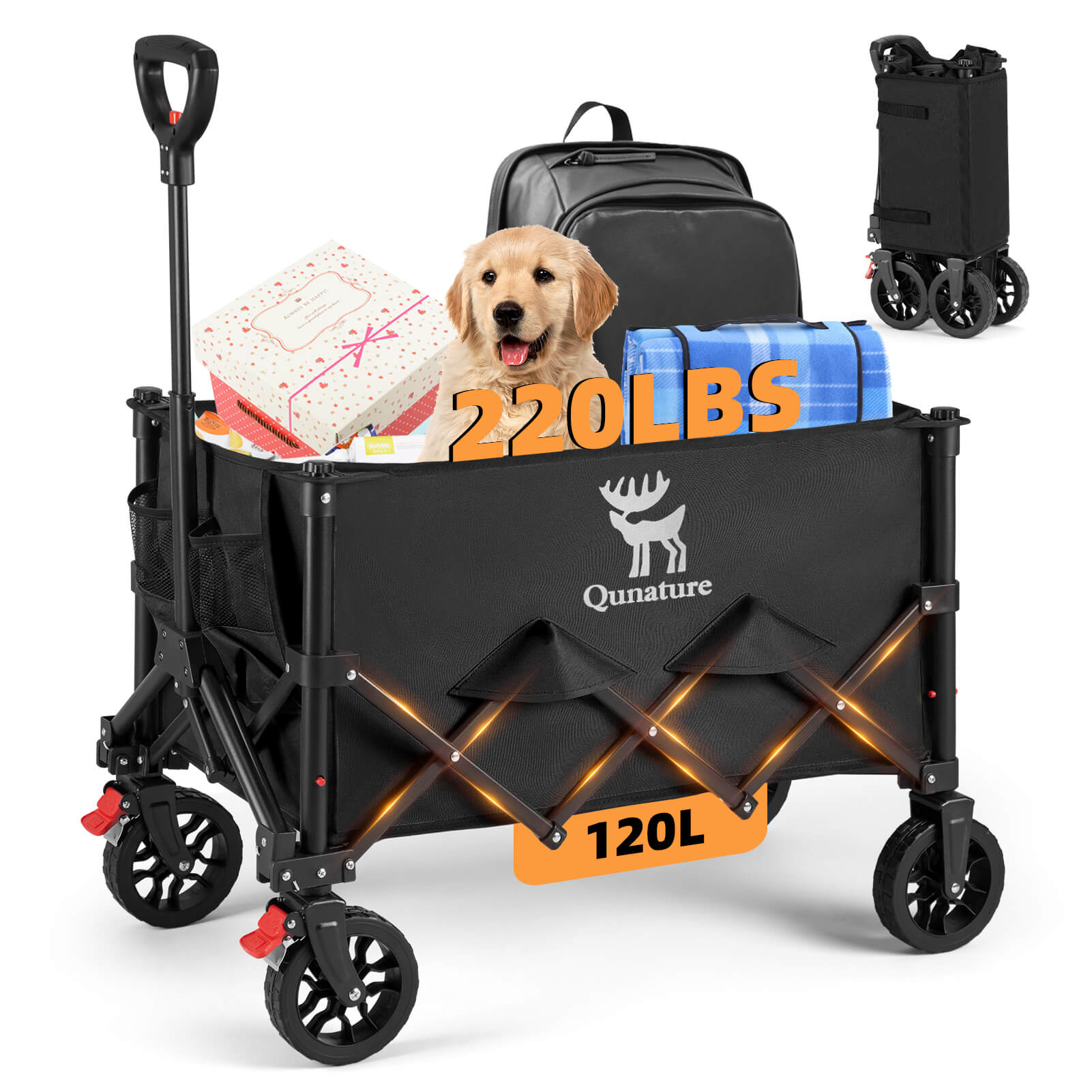 Qunature folding camping wagon 120L heavy duty all terrain wagon cart for outdoor and beach use
#Color_Black