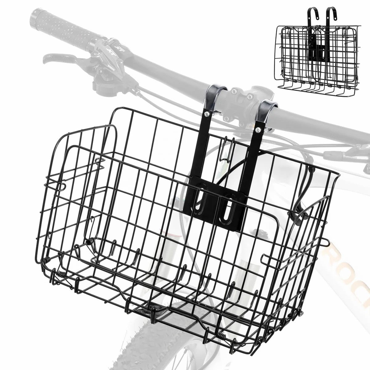 ROCKBROS Black Folding Steel Mesh Bicycle Basket mounted on a rear rack, showing the collapsible design for easy storage.