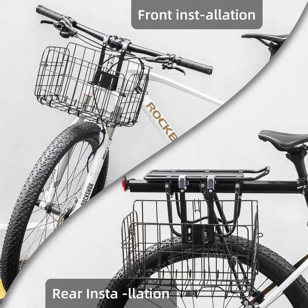 ROCKBROS Black Folding Steel Mesh Bicycle Basket mounted on a rear rack, showing the collapsible design for easy storage.