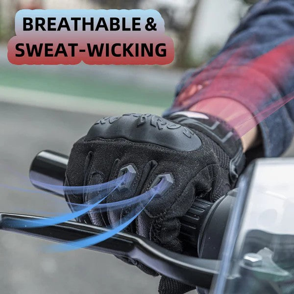 ROCKBROS full finger motorcycle gloves with TPU protection, breathable design, and touchscreen fingertips