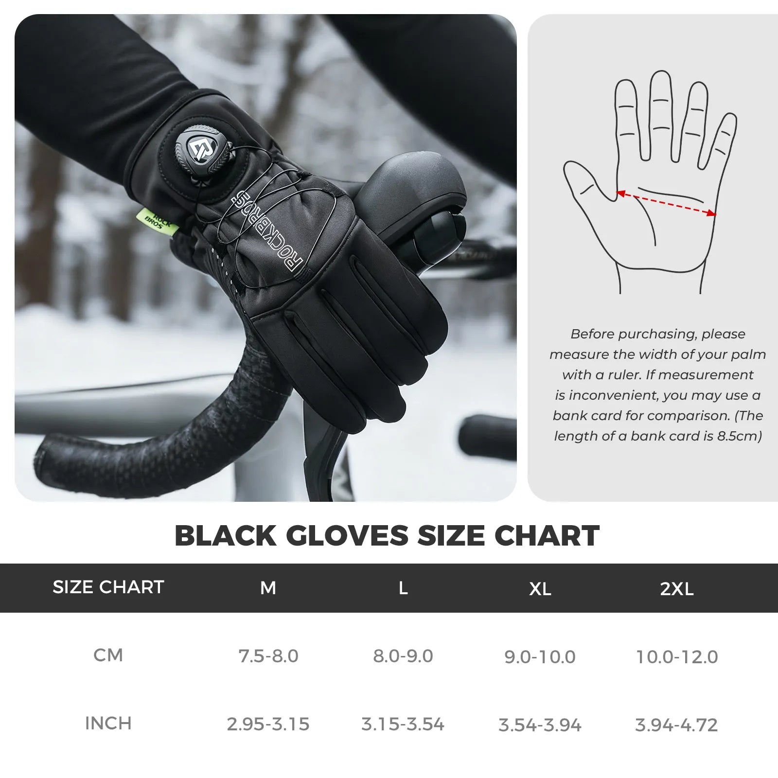 ROCKBROS full finger winter cycling gloves with fleece lining, touchscreen fingers, and adjustable knob closure