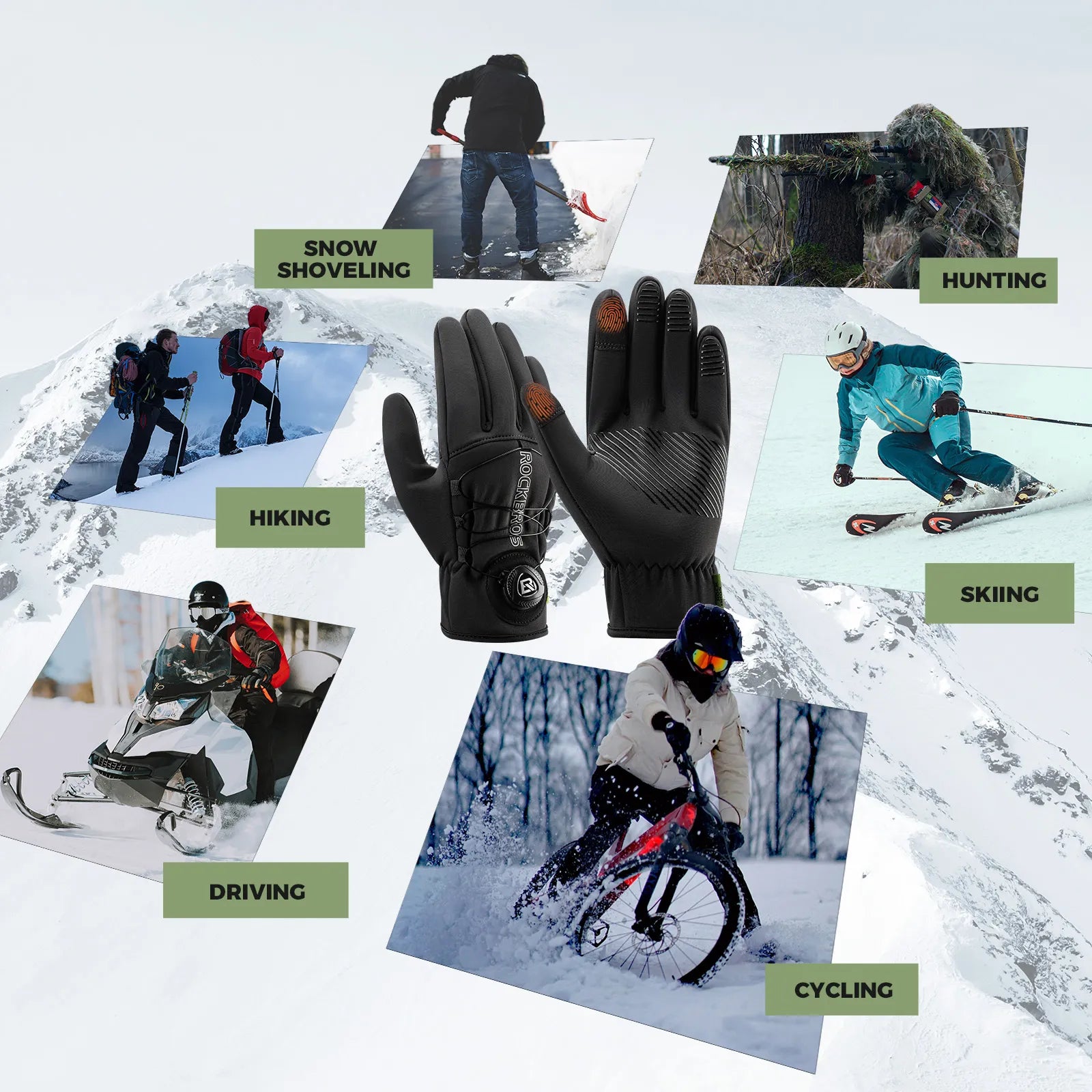 ROCKBROS full finger winter cycling gloves with fleece lining, touchscreen fingers, and adjustable knob closure