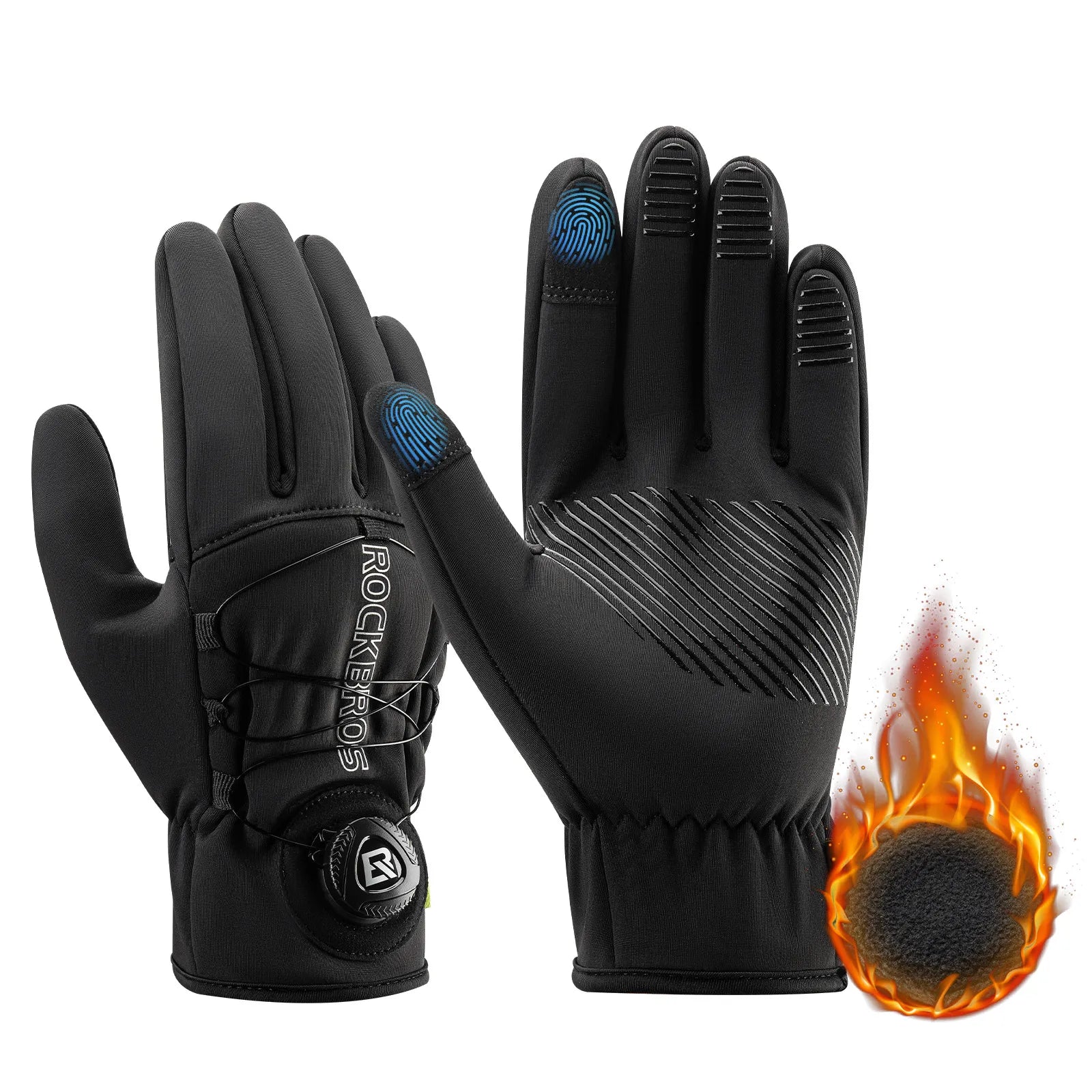 ROCKBROS full finger winter cycling gloves with fleece lining, touchscreen fingers, and adjustable knob closure