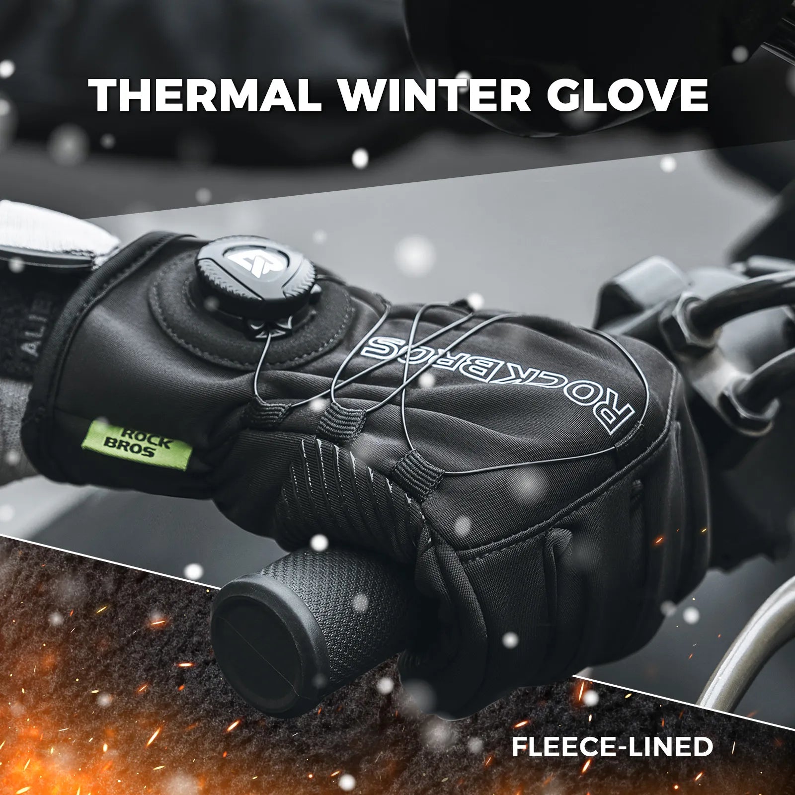 ROCKBROS full finger winter cycling gloves with fleece lining, touchscreen fingers, and adjustable knob closure