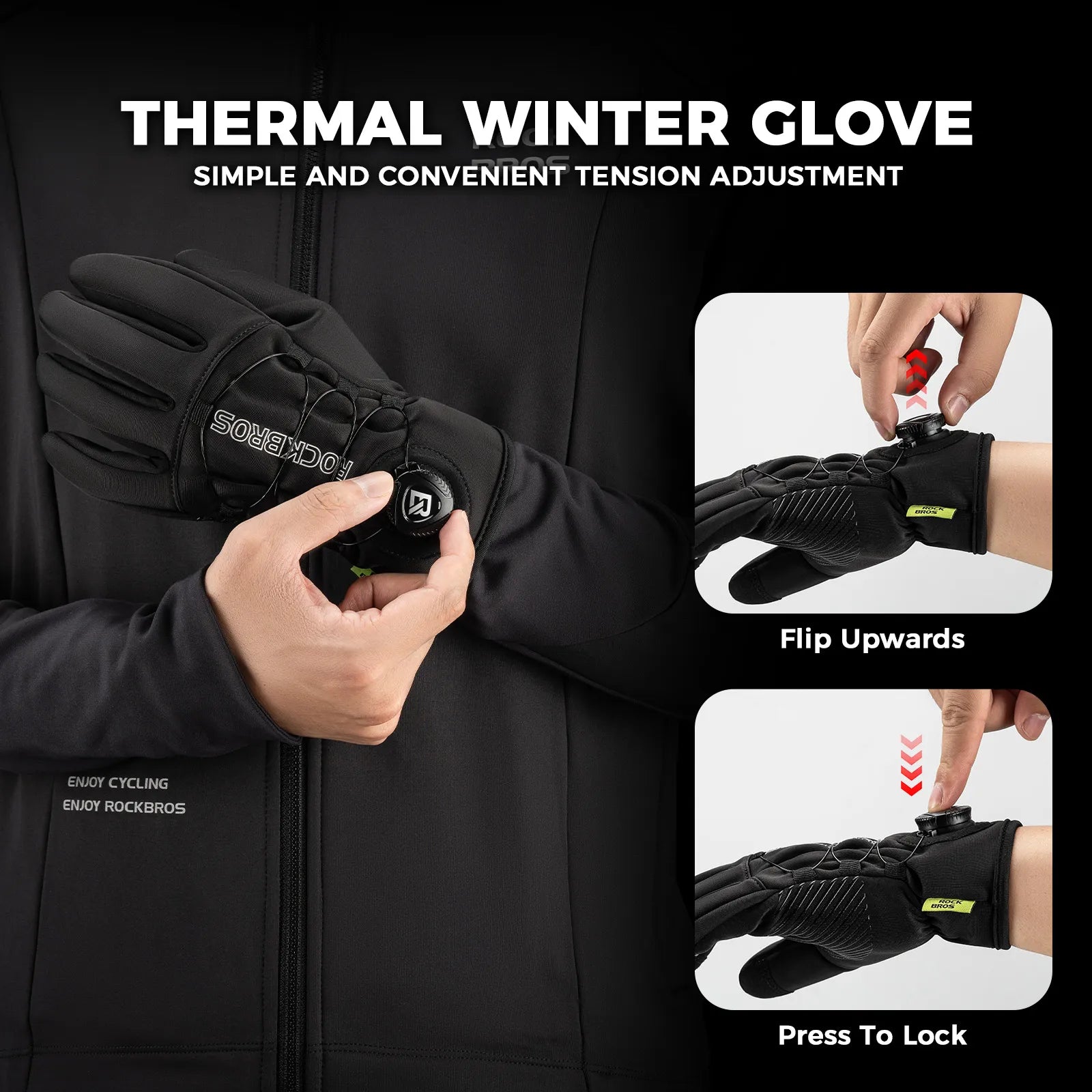 ROCKBROS full finger winter cycling gloves with fleece lining, touchscreen fingers, and adjustable knob closure