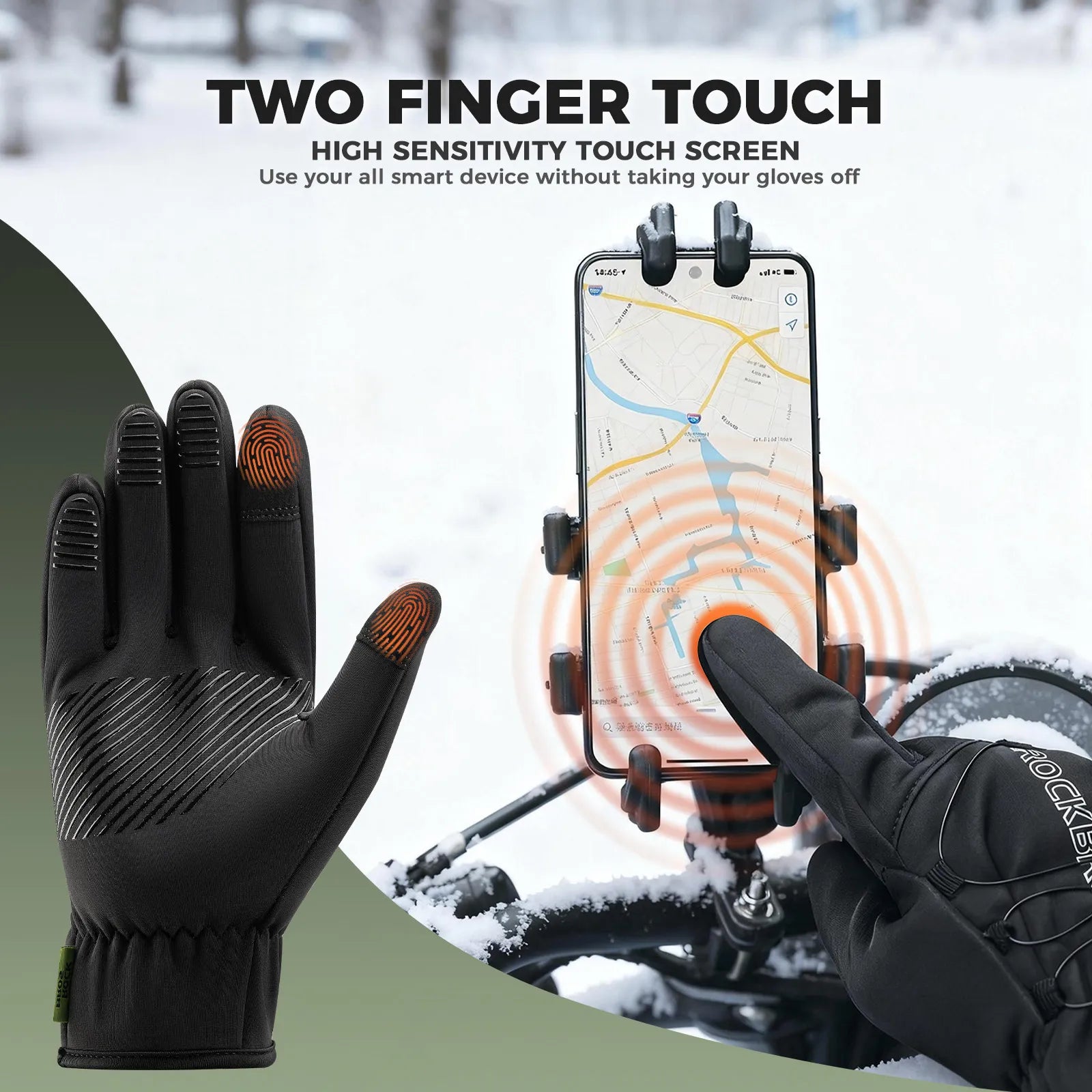 ROCKBROS full finger winter cycling gloves with fleece lining, touchscreen fingers, and adjustable knob closure