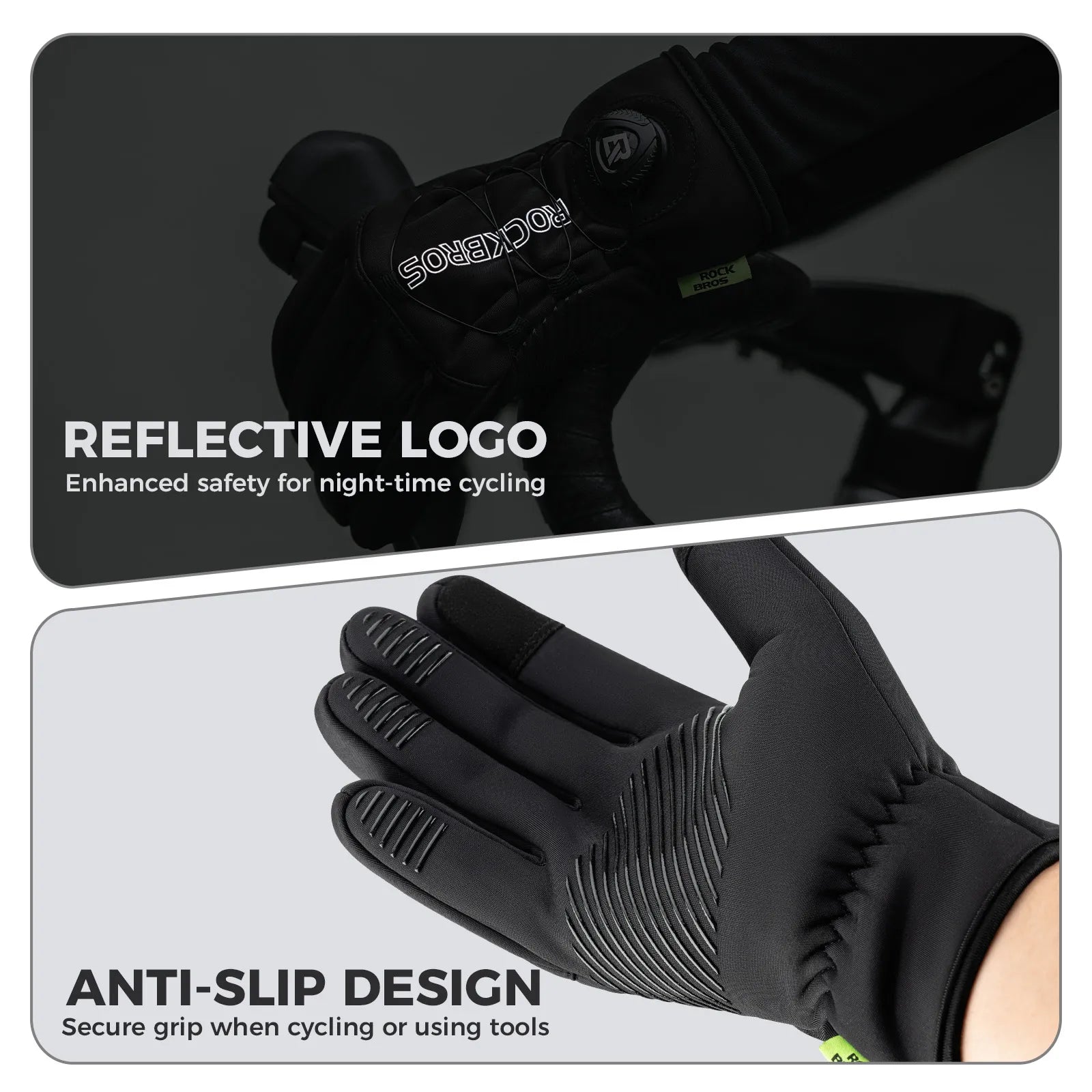 ROCKBROS full finger winter cycling gloves with fleece lining, touchscreen fingers, and adjustable knob closure