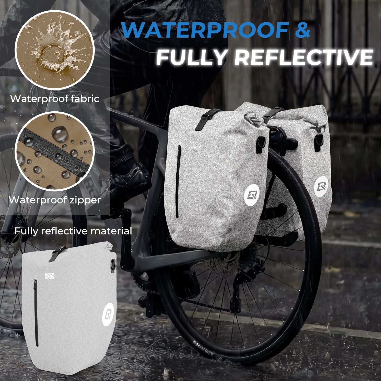 ROCKBROS black waterproof bike pannier 20L roll top rear rack bag
#Color_Full-Reflective