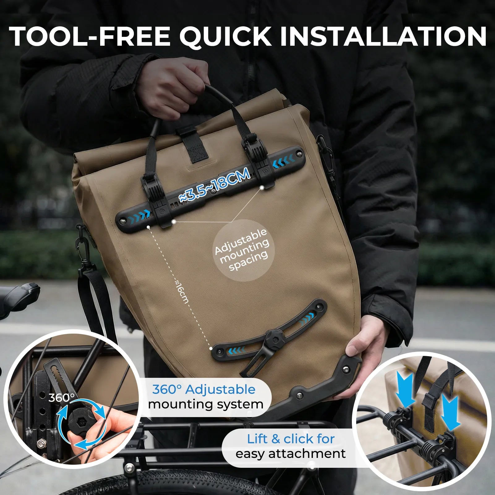 ROCKBROS black waterproof bike pannier 20L roll top rear rack bag
#Color_Full-Reflective