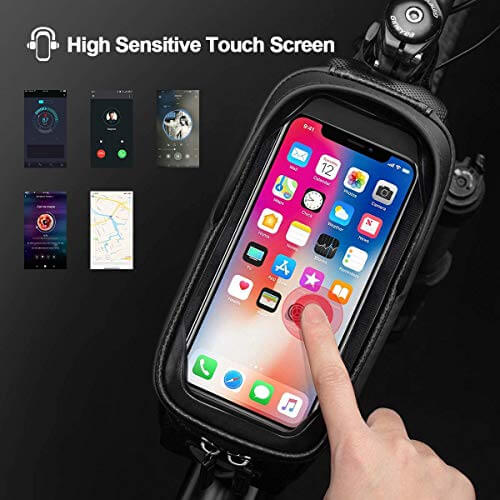 ROCKBROS hard shell bike top tube phone bag made of waterproof EVA material, fits securely on bicycle frame.