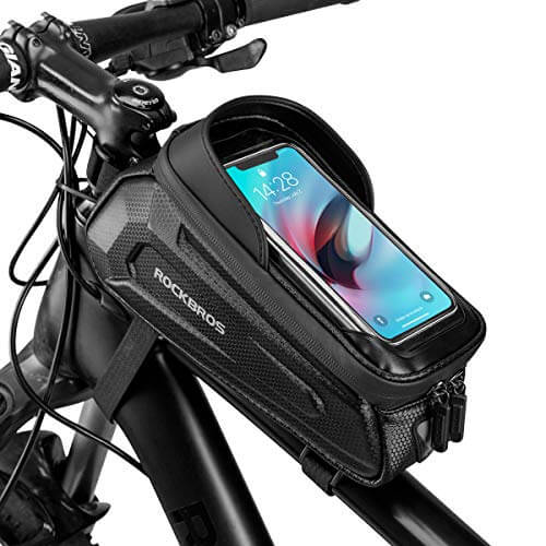ROCKBROS hard shell bike top tube phone bag made of waterproof EVA material, fits securely on bicycle frame.