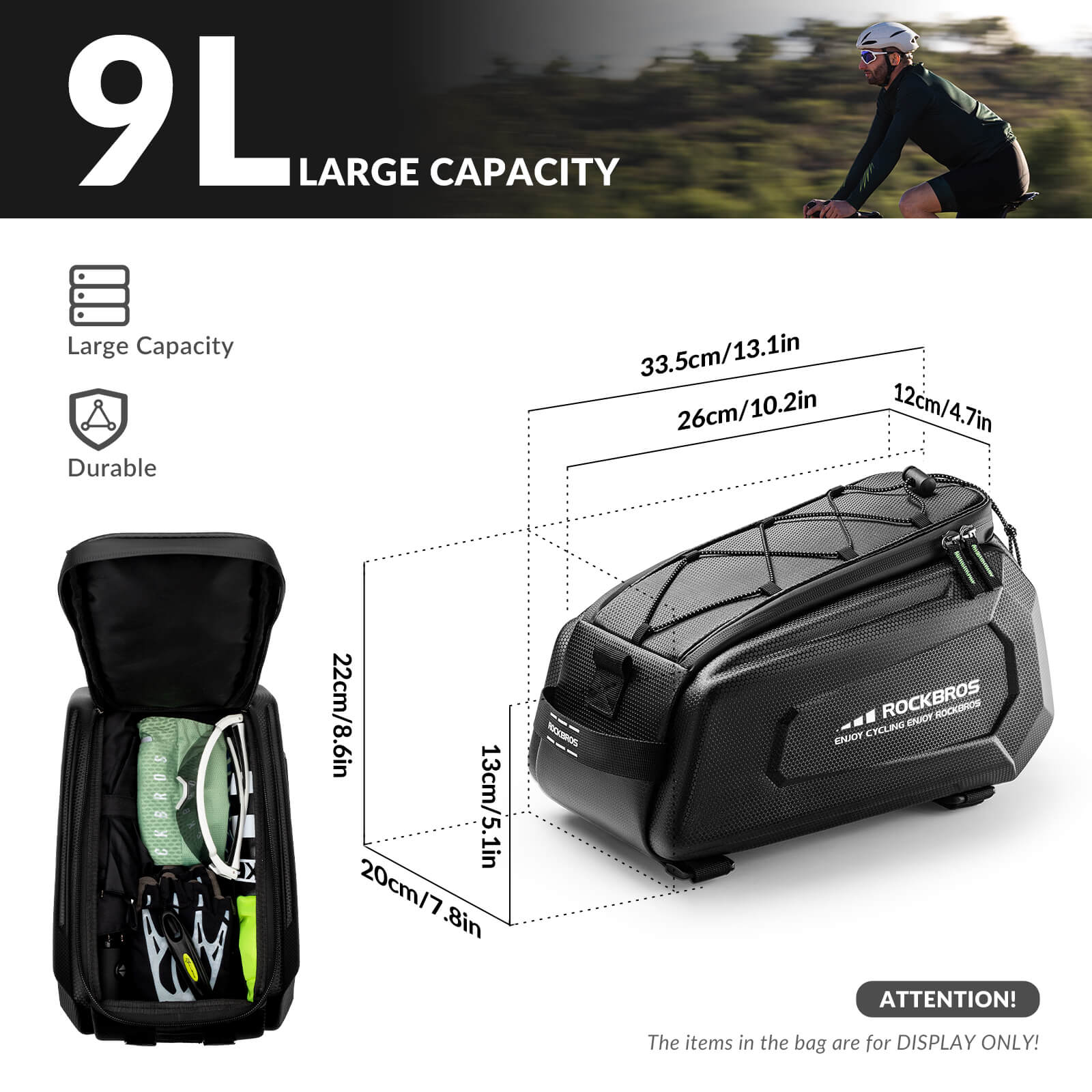ROCKBROS hard shell bike trunk bag 9L mounted on rear rack for commuting and touring.