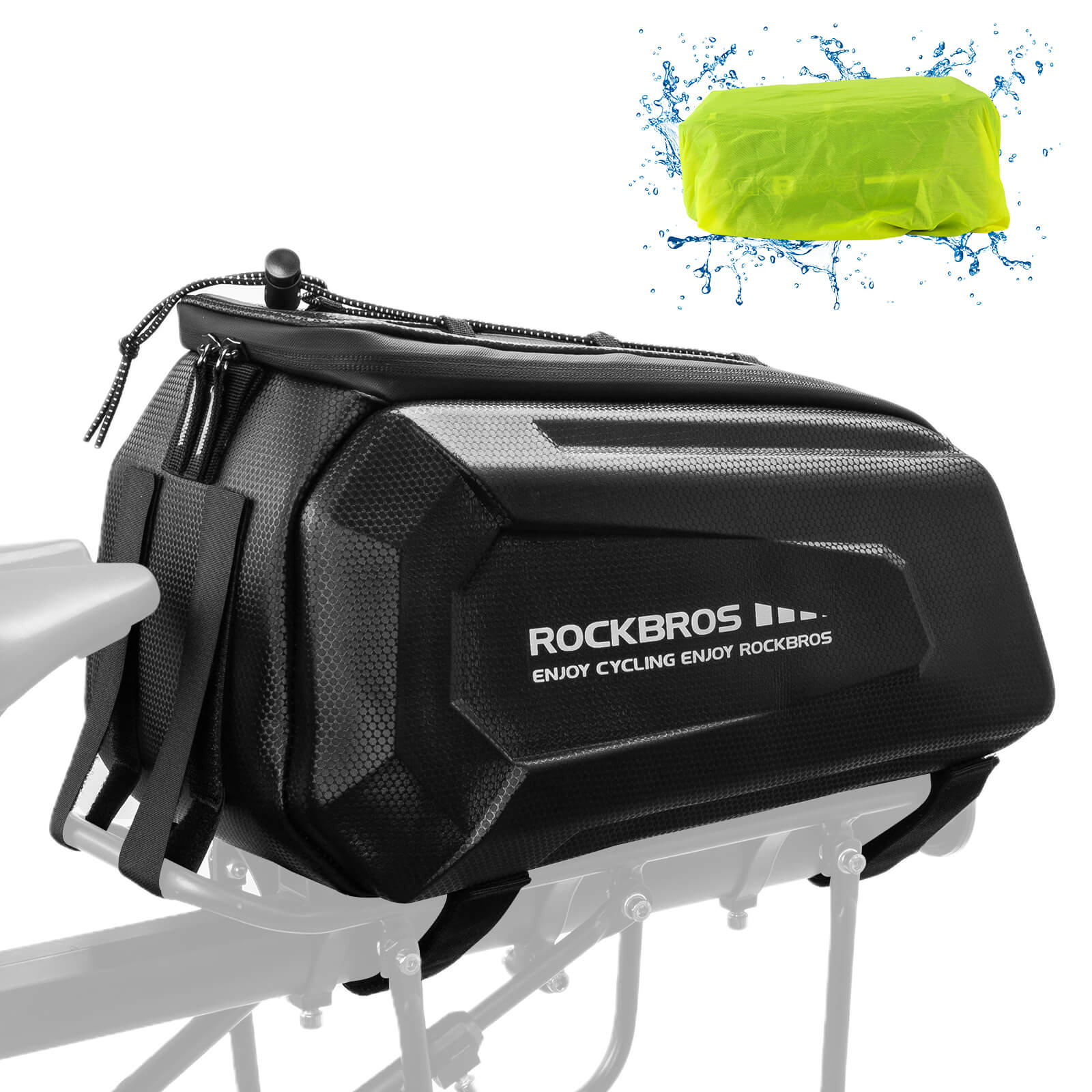 ROCKBROS hard shell bike trunk bag 9L mounted on rear rack for commuting and touring.