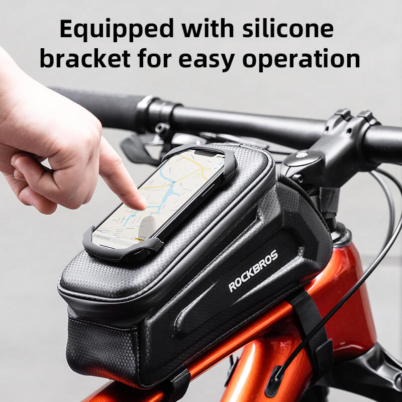 ROCKBROS hard-shell top tube bike phone bag with 360° rotatable phone mount for secure, water-resistant storage