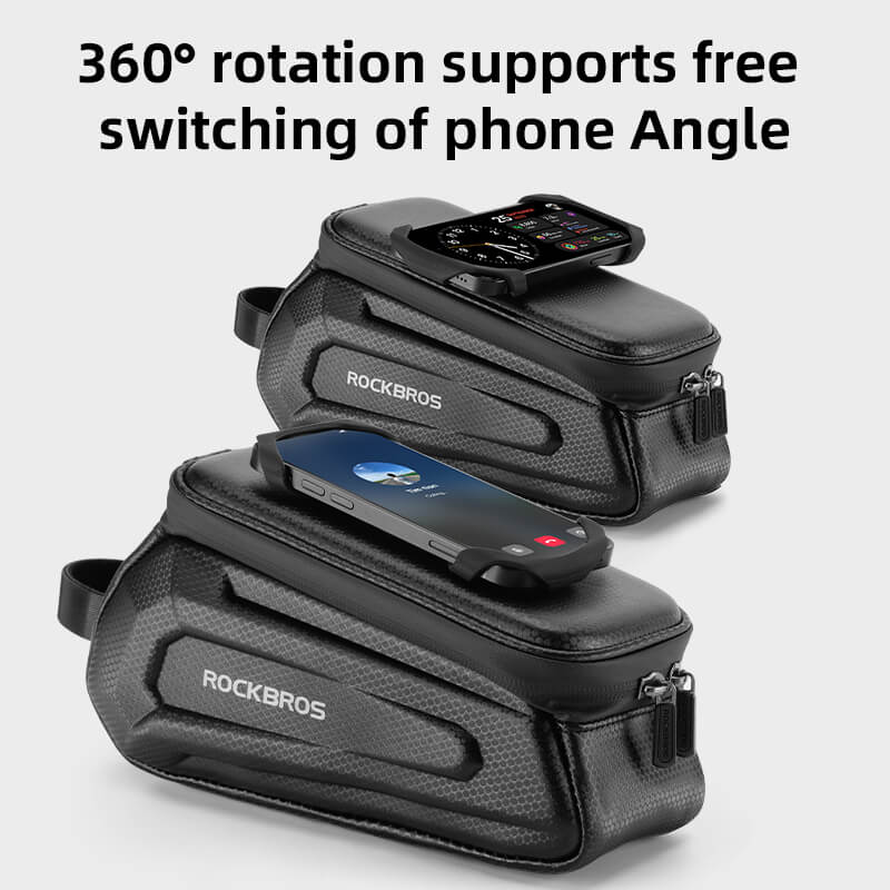 ROCKBROS hard-shell top tube bike phone bag with 360° rotatable phone mount for secure, water-resistant storage
