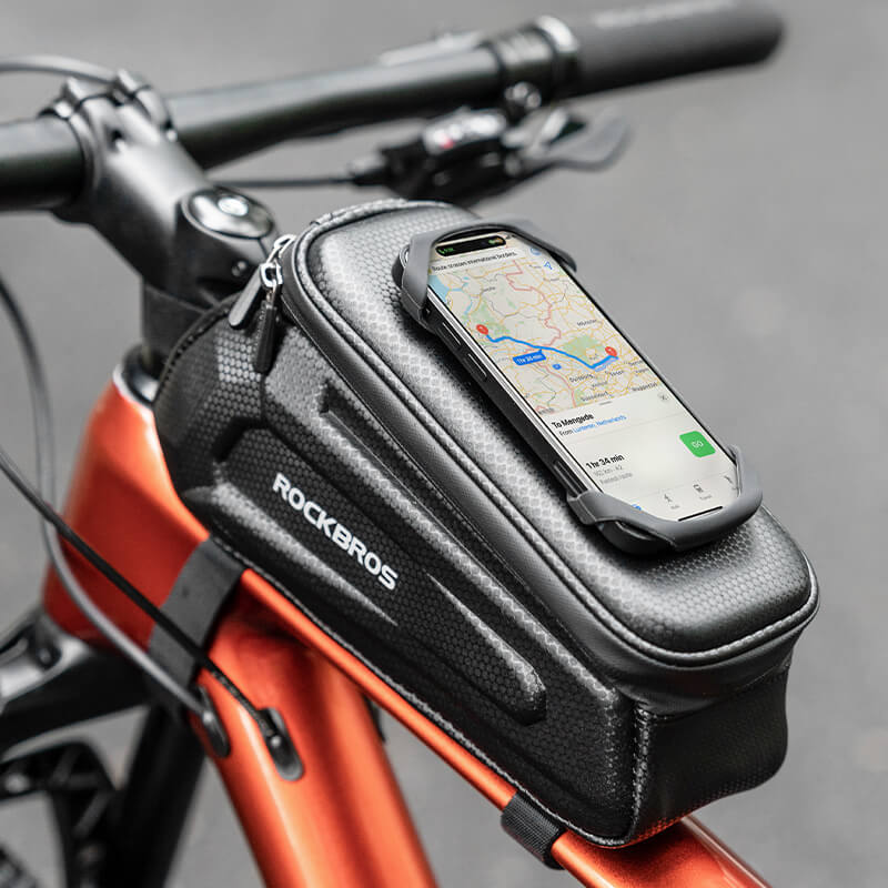 ROCKBROS hard-shell top tube bike phone bag with 360° rotatable phone mount for secure, water-resistant storage