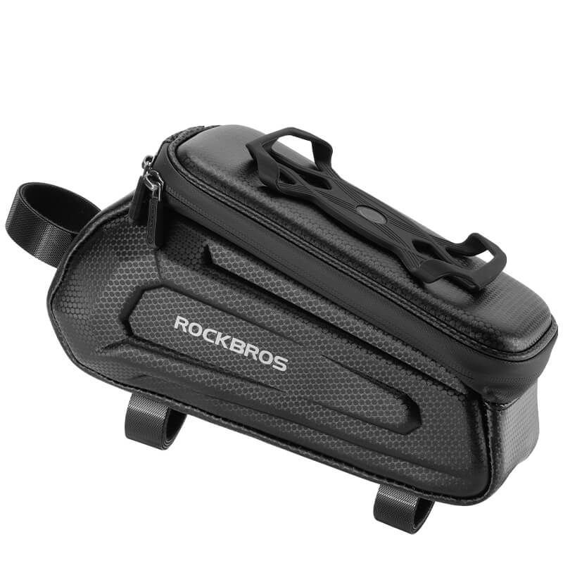 ROCKBROS hard-shell top tube bike phone bag with 360° rotatable phone mount for secure, water-resistant storage