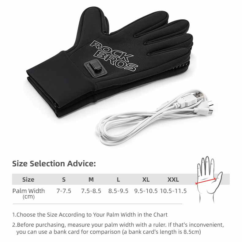 ROCKBROS heated gloves size chart for cold weather riding
