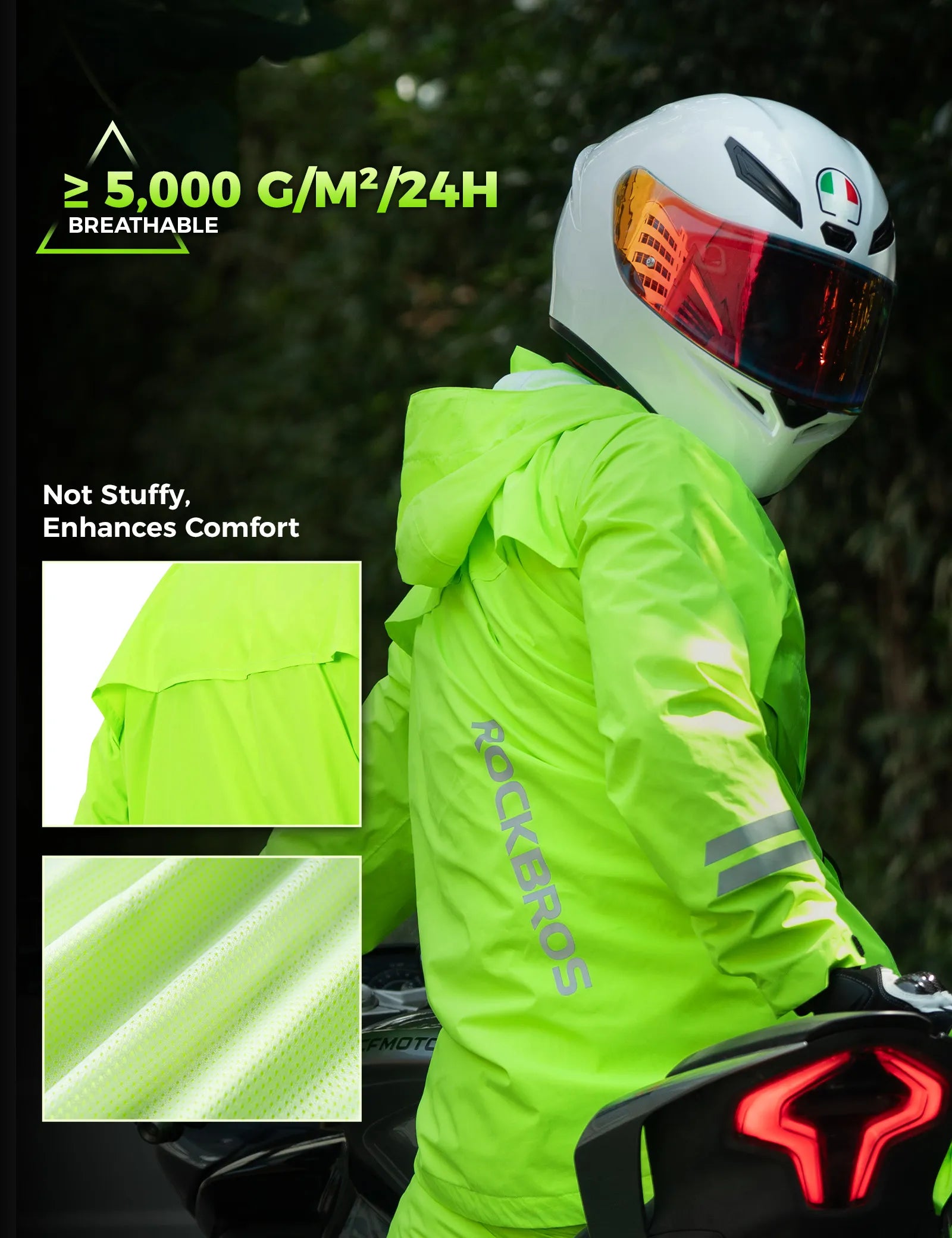 ROCKBROS hi-vis fluorescent green cycling rain jacket with waterproof and reflective design for wet weather riding