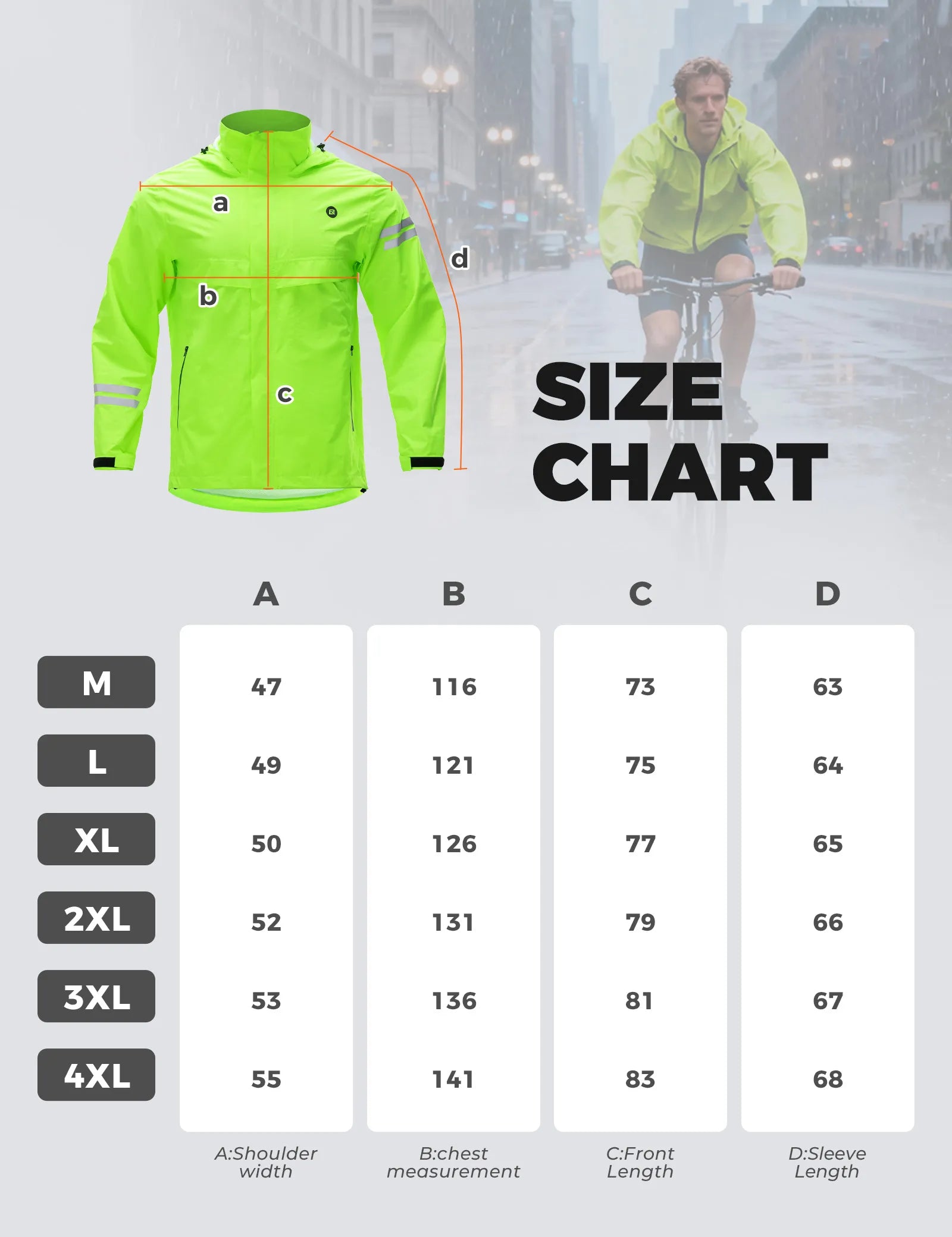 ROCKBROS hi-vis fluorescent green cycling rain jacket with waterproof and reflective design for wet weather riding
