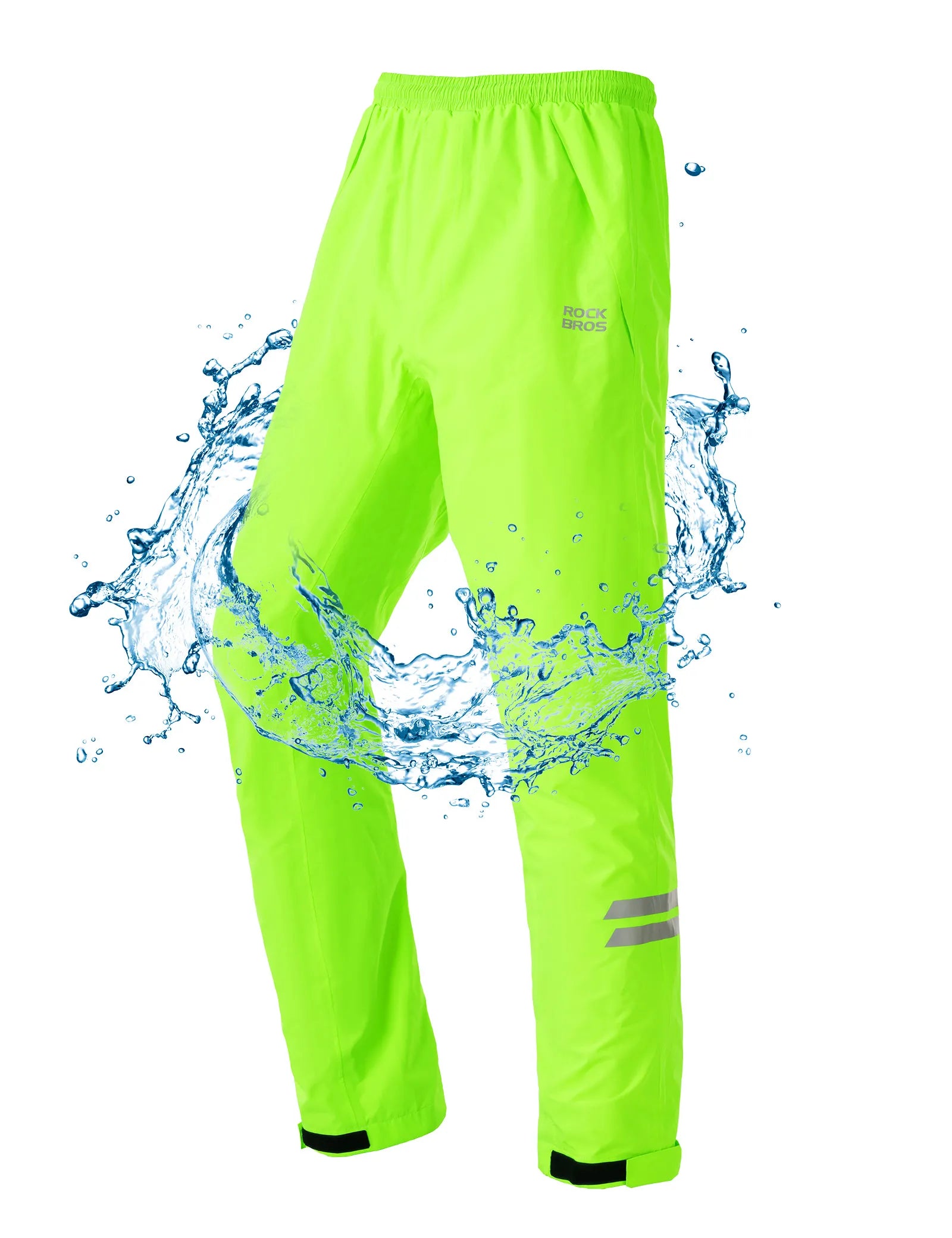 ROCKBROS hi-vis fluorescent green cycling rain pants with waterproof and reflective design for wet weather riding