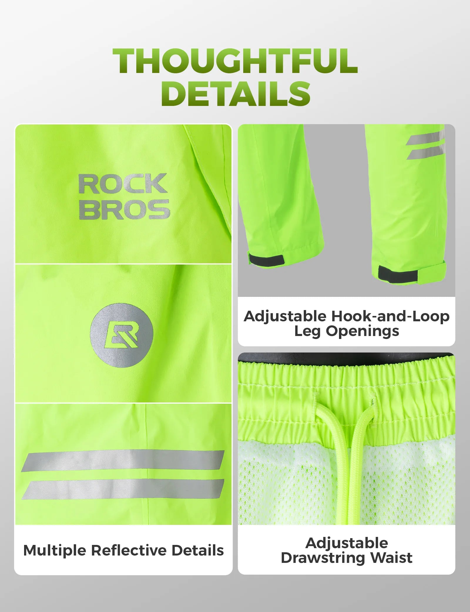 ROCKBROS hi-vis fluorescent green cycling rain pants with waterproof and reflective design for wet weather riding