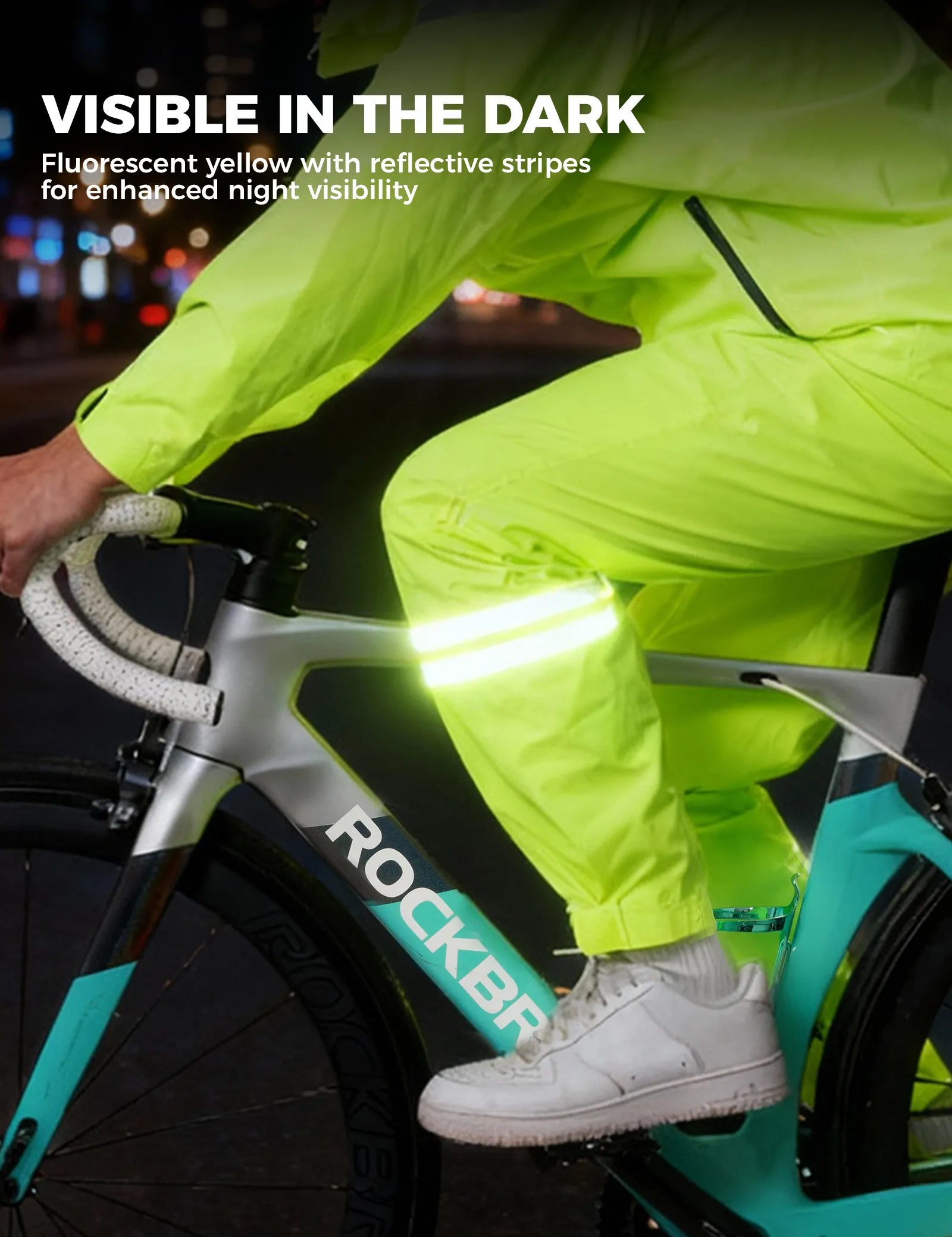 ROCKBROS hi-vis fluorescent green cycling rain pants with waterproof and reflective design for wet weather riding