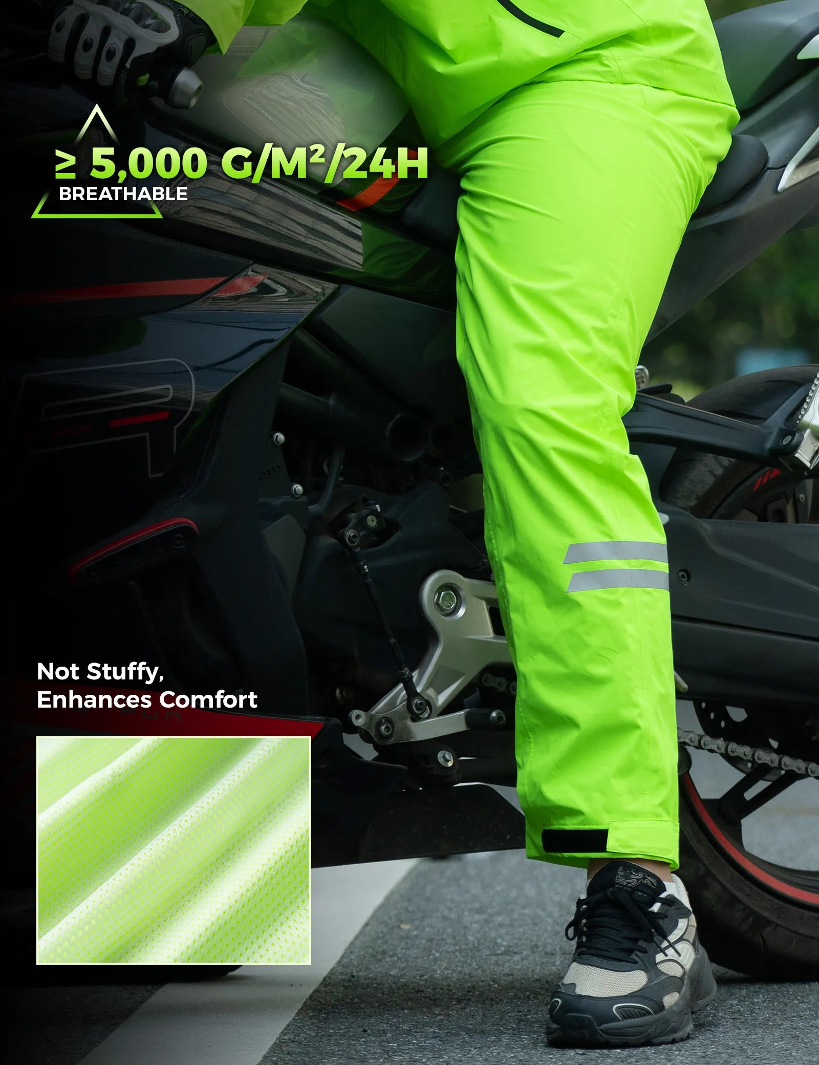 ROCKBROS hi-vis fluorescent green cycling rain pants with waterproof and reflective design for wet weather riding