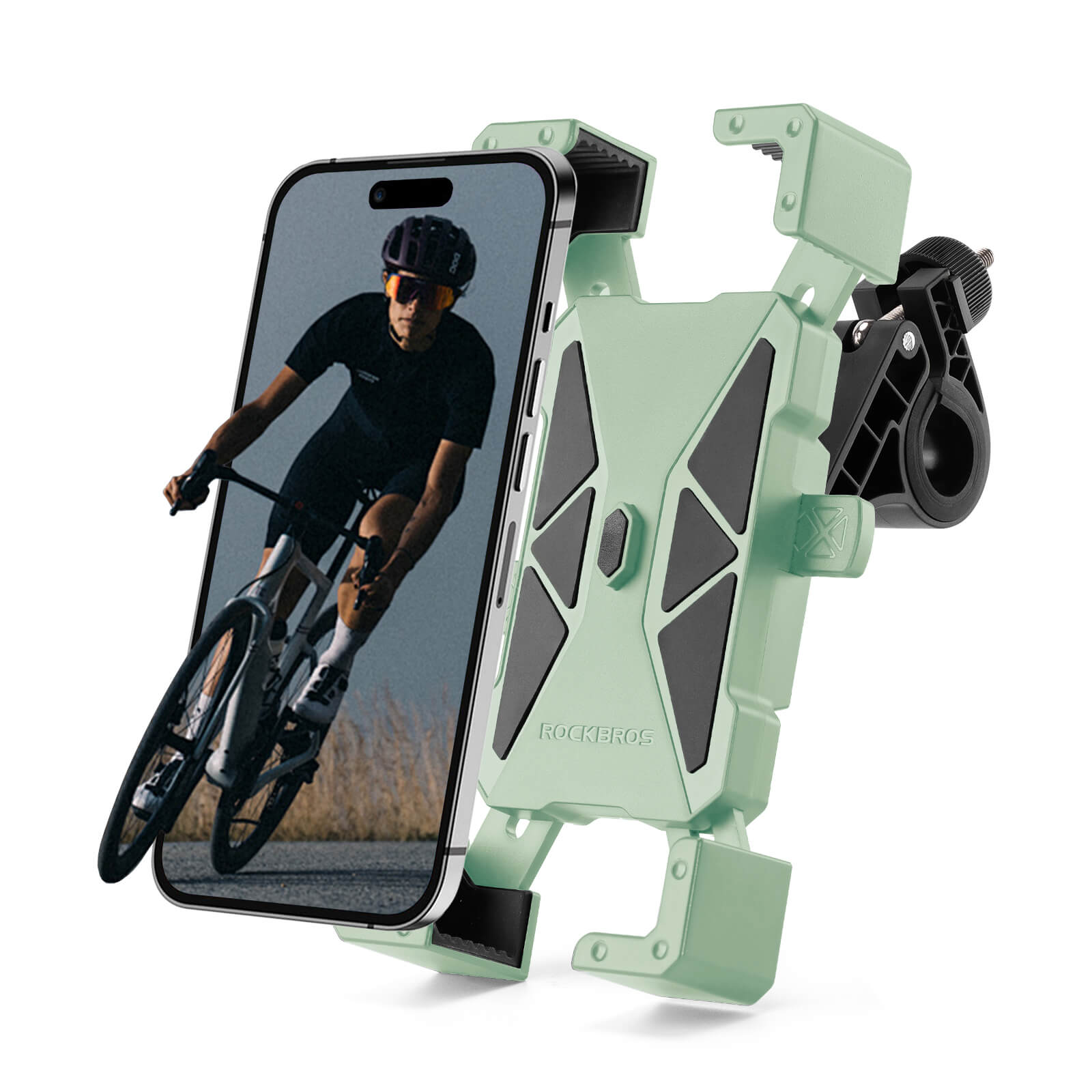 ROCKBROS HW-180 bike phone holder mounted on bicycle handlebar, secure phone mount for cycling
#Color_Green