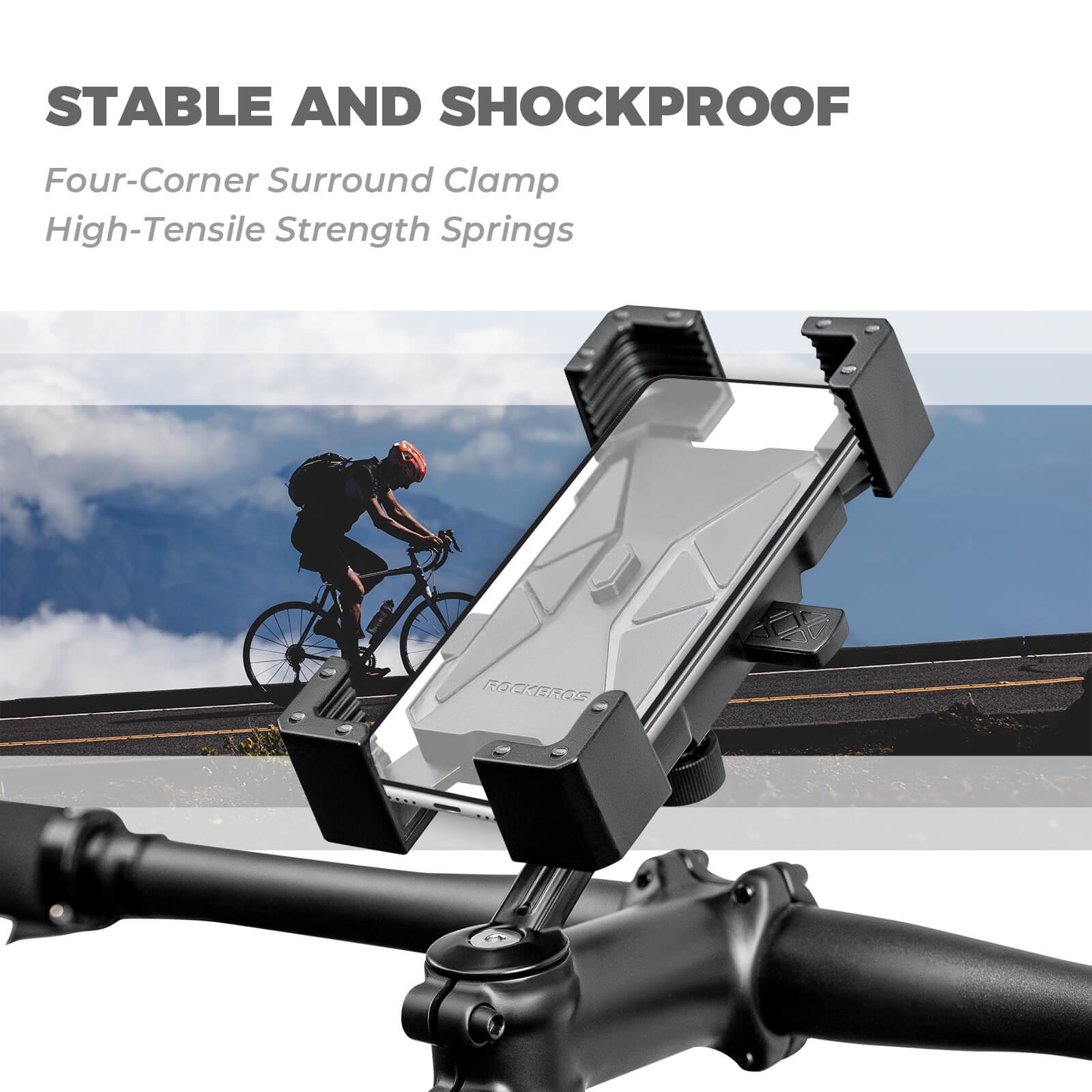 ROCKBROS HW-180 bike phone holder mounted on bicycle handlebar, secure phone mount for cycling