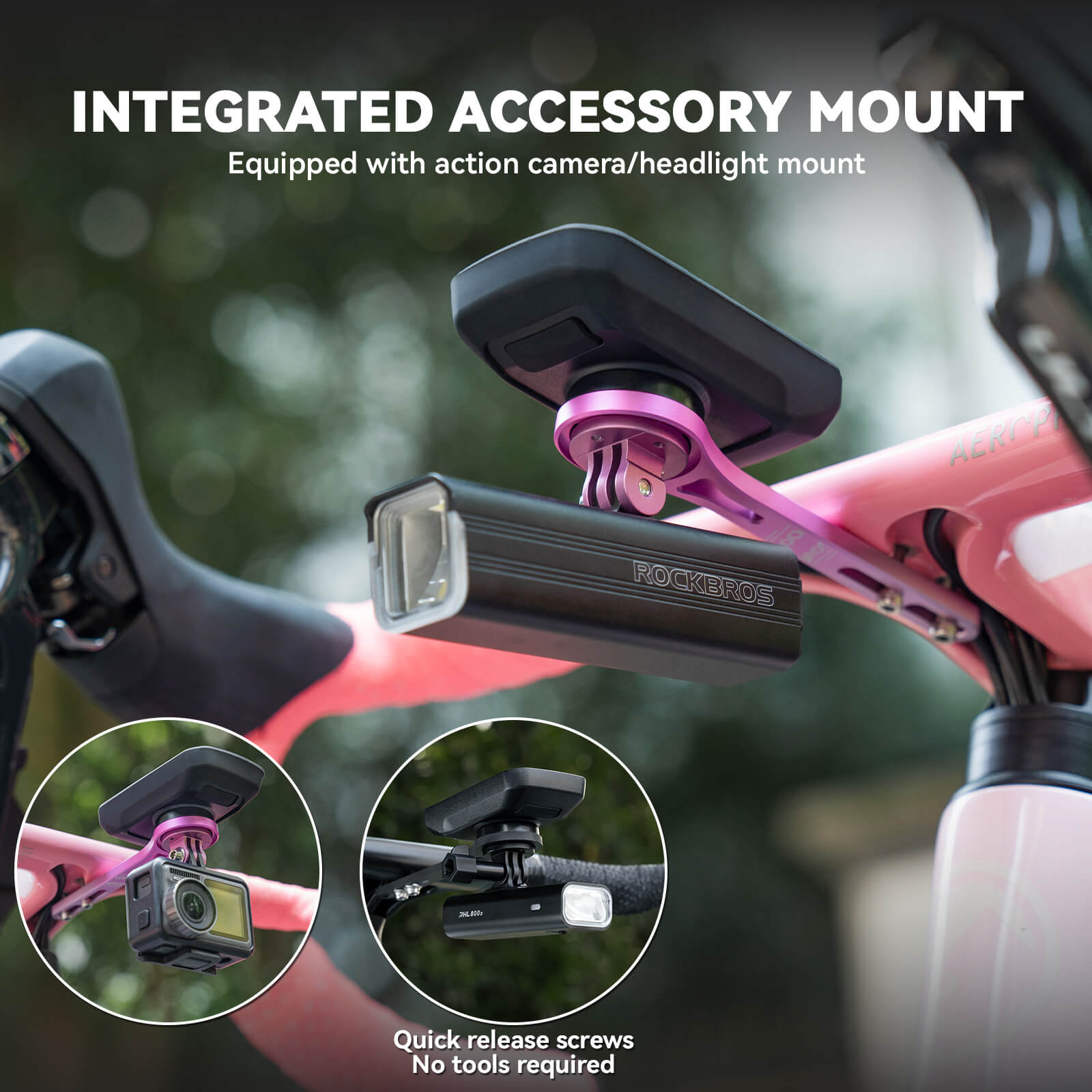 Professional ROCKBROS GPS extension bracket for integrated handlebars, showcasing the hidden bottom-mount setup to reduce wind resistance.