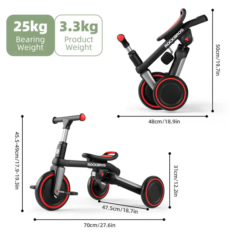 ROCKBROS Kids 3-in-1 Tricycle with Adjustable Seat, EVA Tires, Foldable Design, and Balance Bike Mode for Ages 1–5
