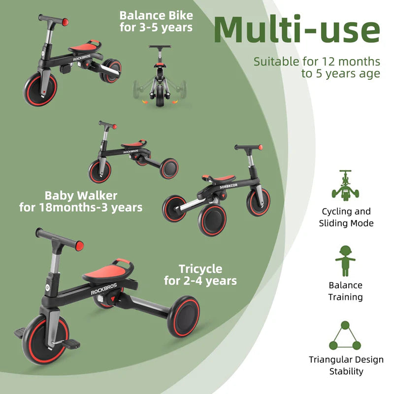 ROCKBROS Kids 3-in-1 Tricycle with Adjustable Seat, EVA Tires, Foldable Design, and Balance Bike Mode for Ages 1–5