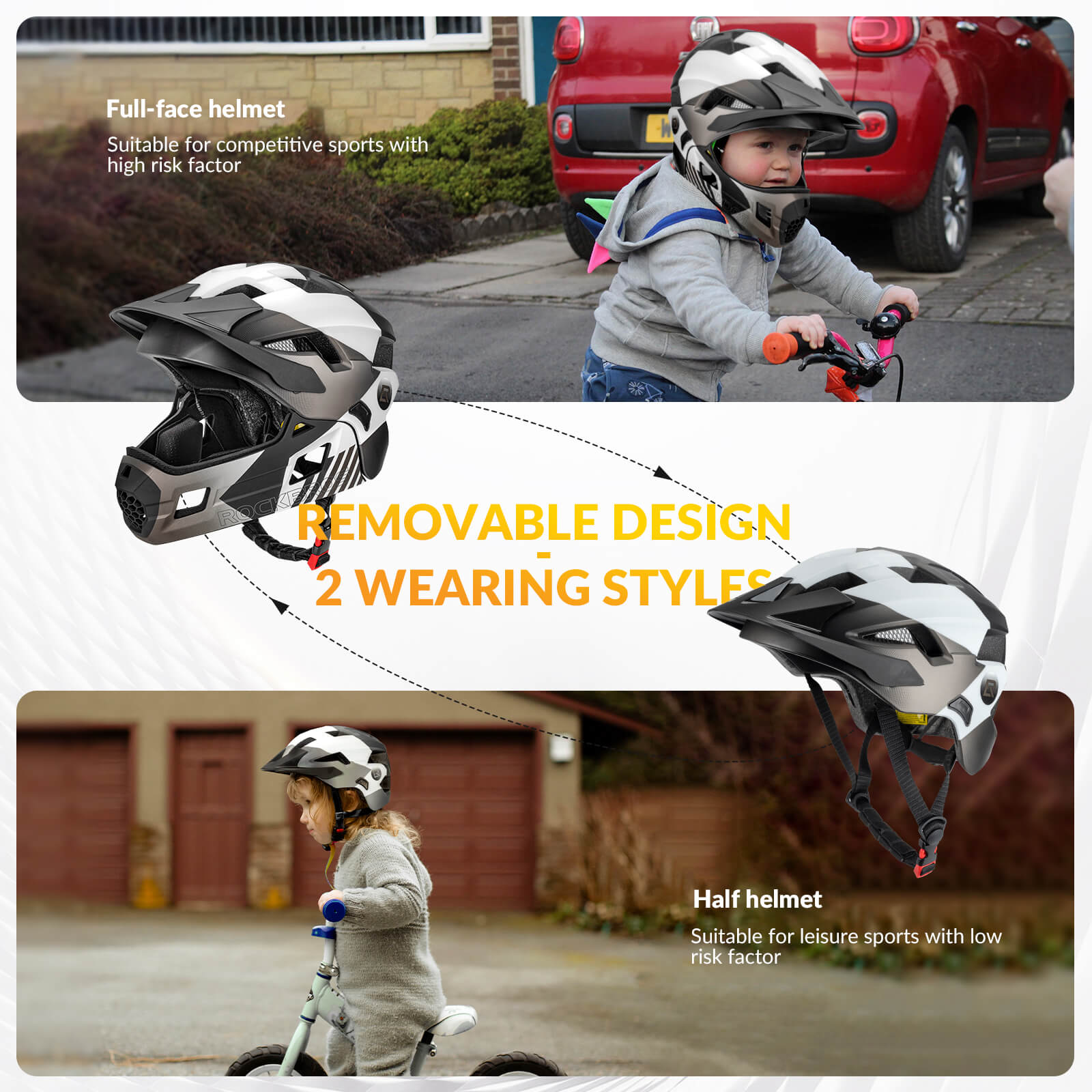 ROCKBROS convertible kids bike helmet switching between full-face and half-shell modes
#Color_White