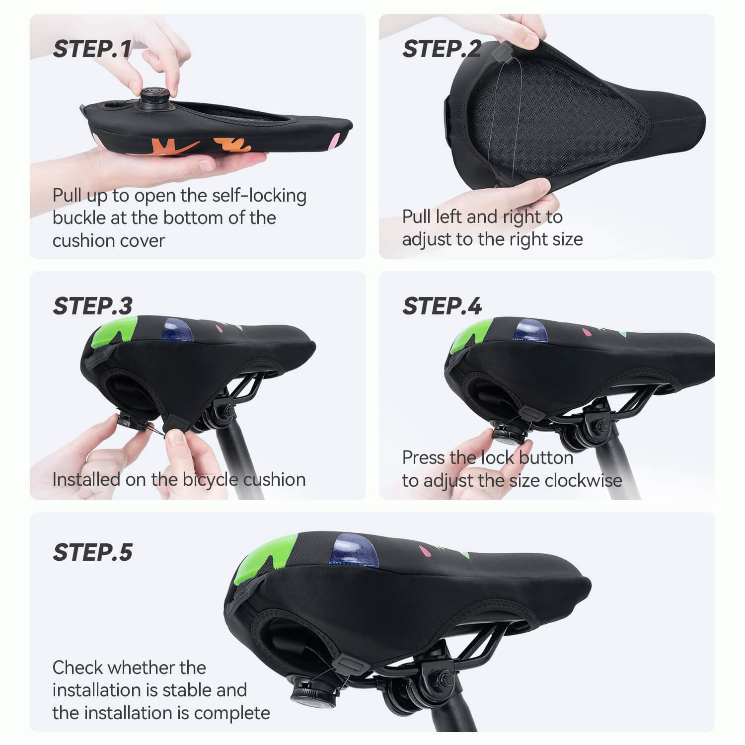 Step-by-step guide on how to install a bicycle seat with images and text instructions.