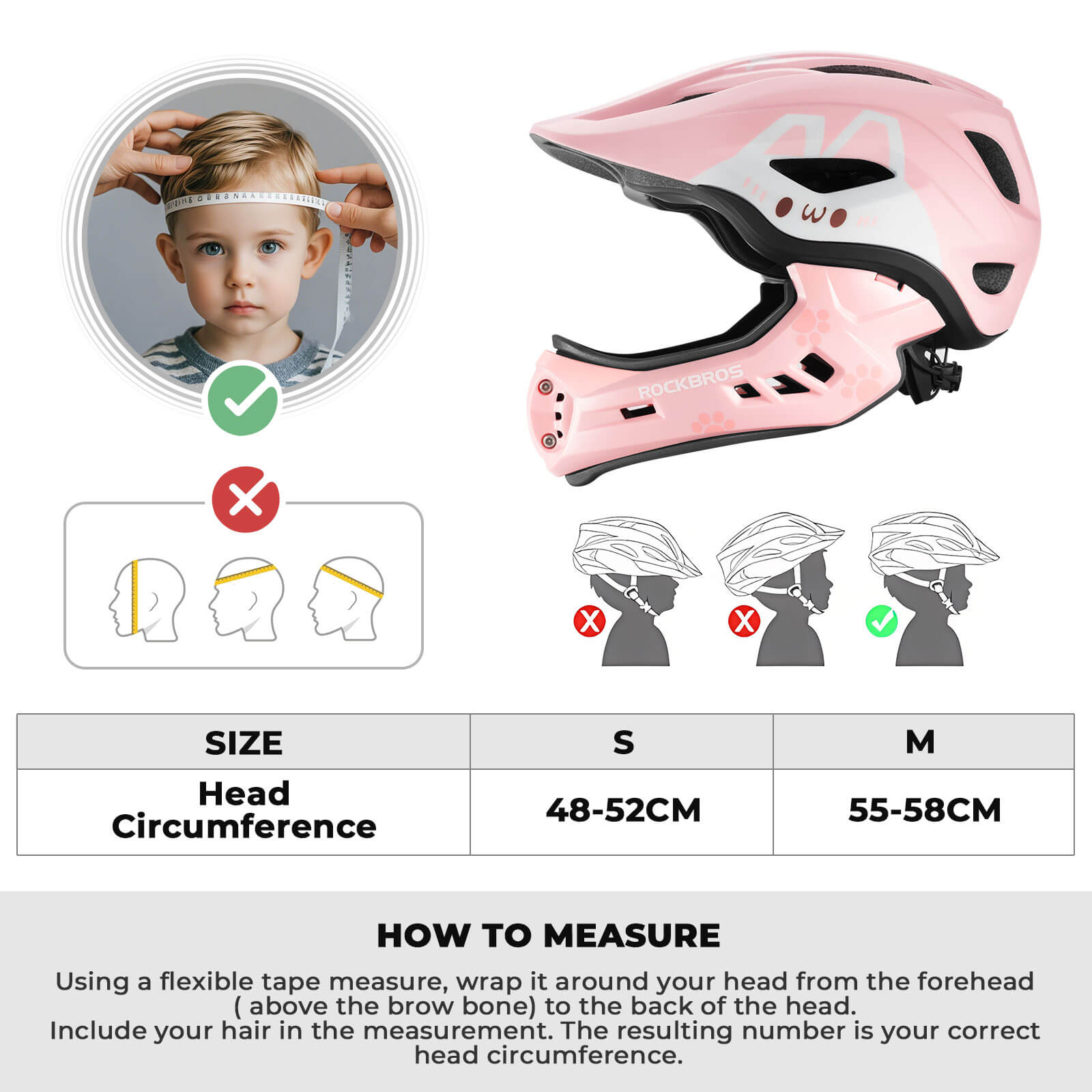 ROCKBROS kids detachable full face bike helmet, lightweight and adjustable for safe cycling and outdoor sports
#Color_Pink