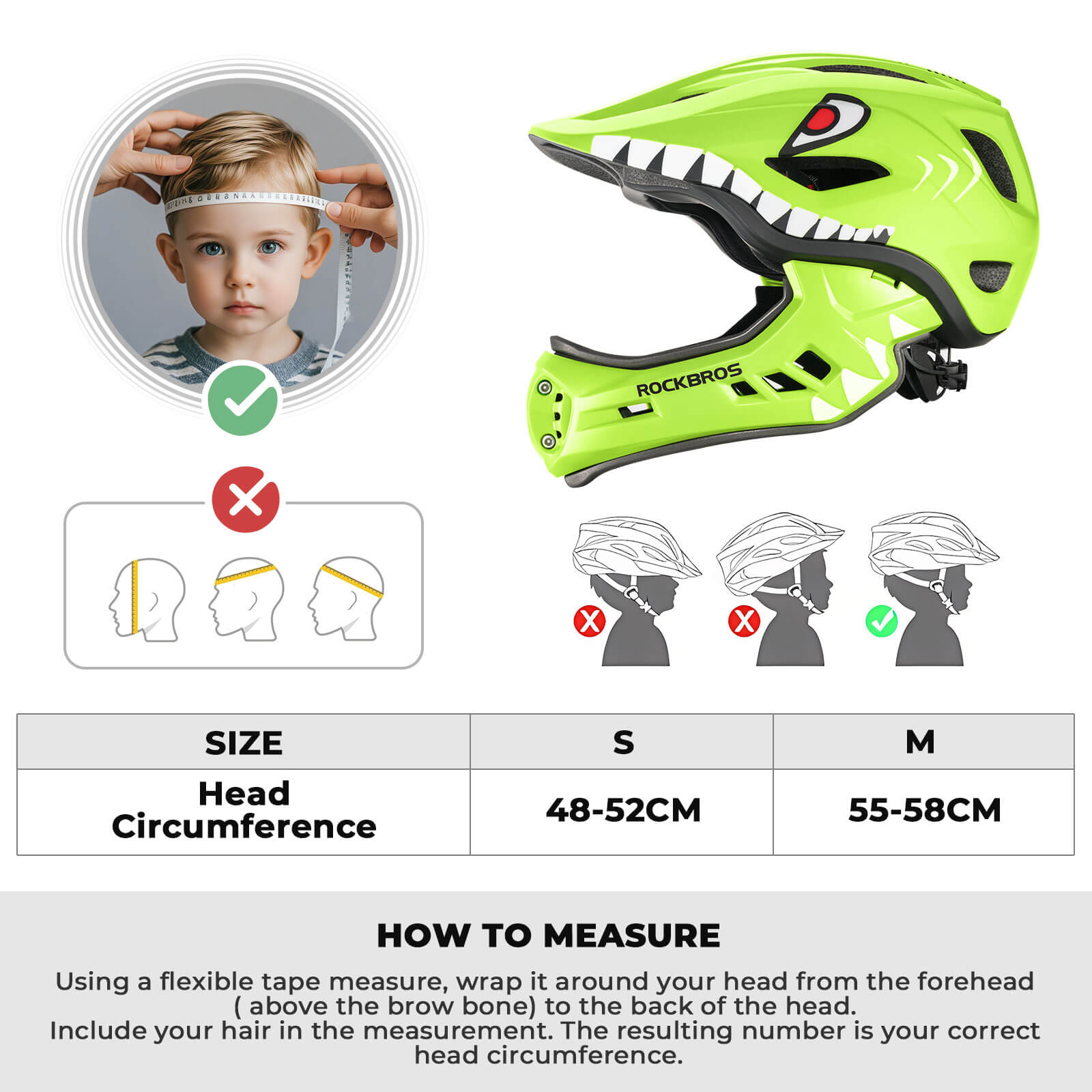 ROCKBROS kids detachable full face bike helmet, lightweight and adjustable for safe cycling and outdoor sports
#Color_Green