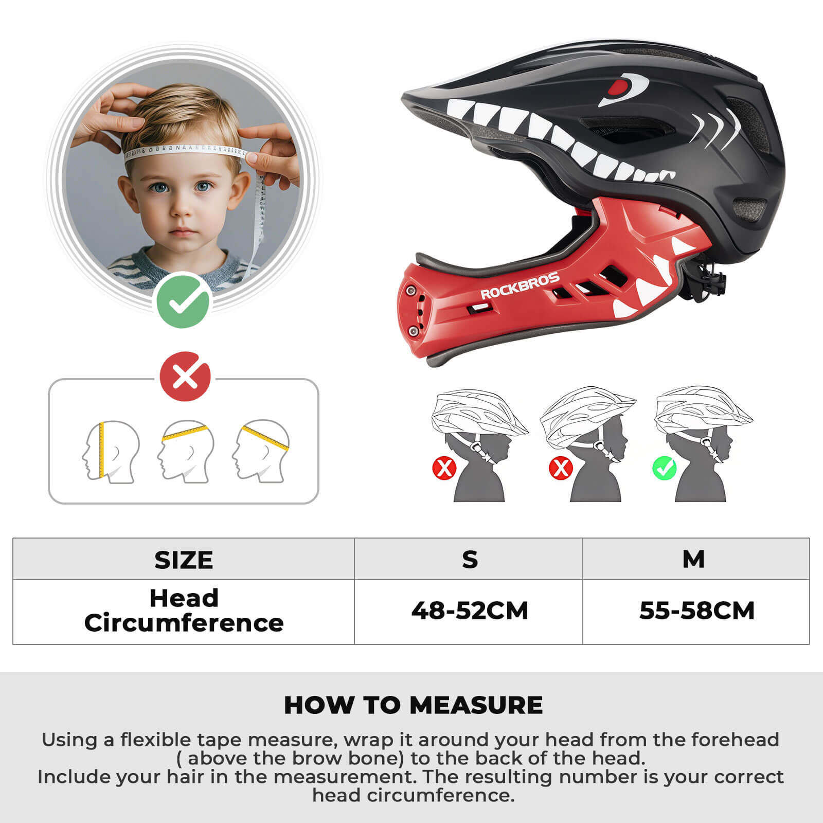 ROCKBROS kids detachable full face bike helmet, lightweight and adjustable for safe cycling and outdoor sports
#Color_Black