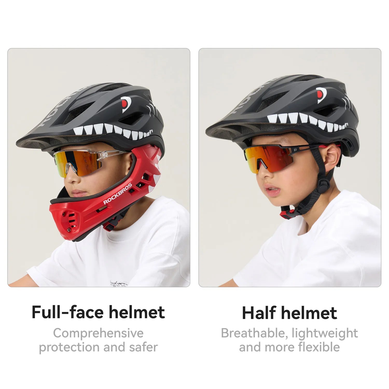 ROCKBROS kids detachable full face bike helmet, lightweight and adjustable for safe cycling and outdoor sports