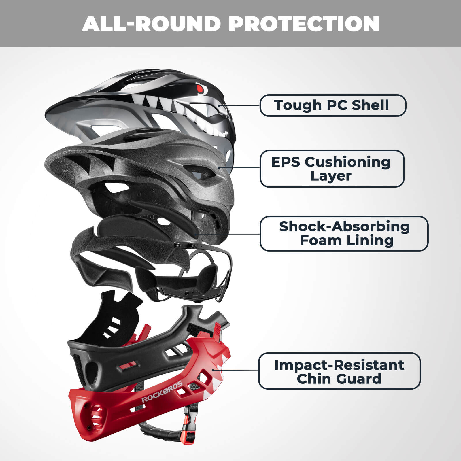 ROCKBROS kids detachable full face bike helmet, lightweight and adjustable for safe cycling and outdoor sports