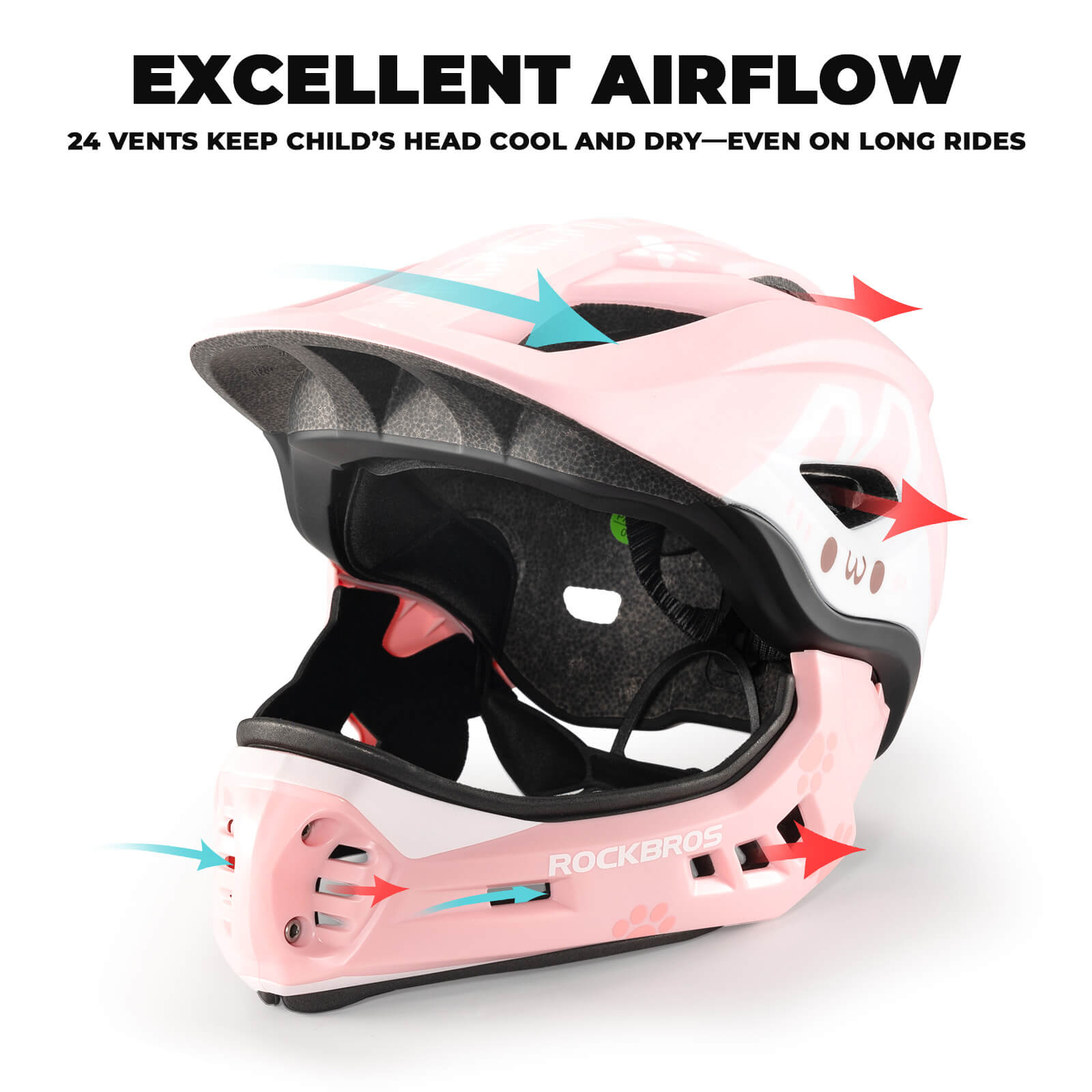 ROCKBROS kids detachable full face bike helmet, lightweight and adjustable for safe cycling and outdoor sports
#Color_Pink