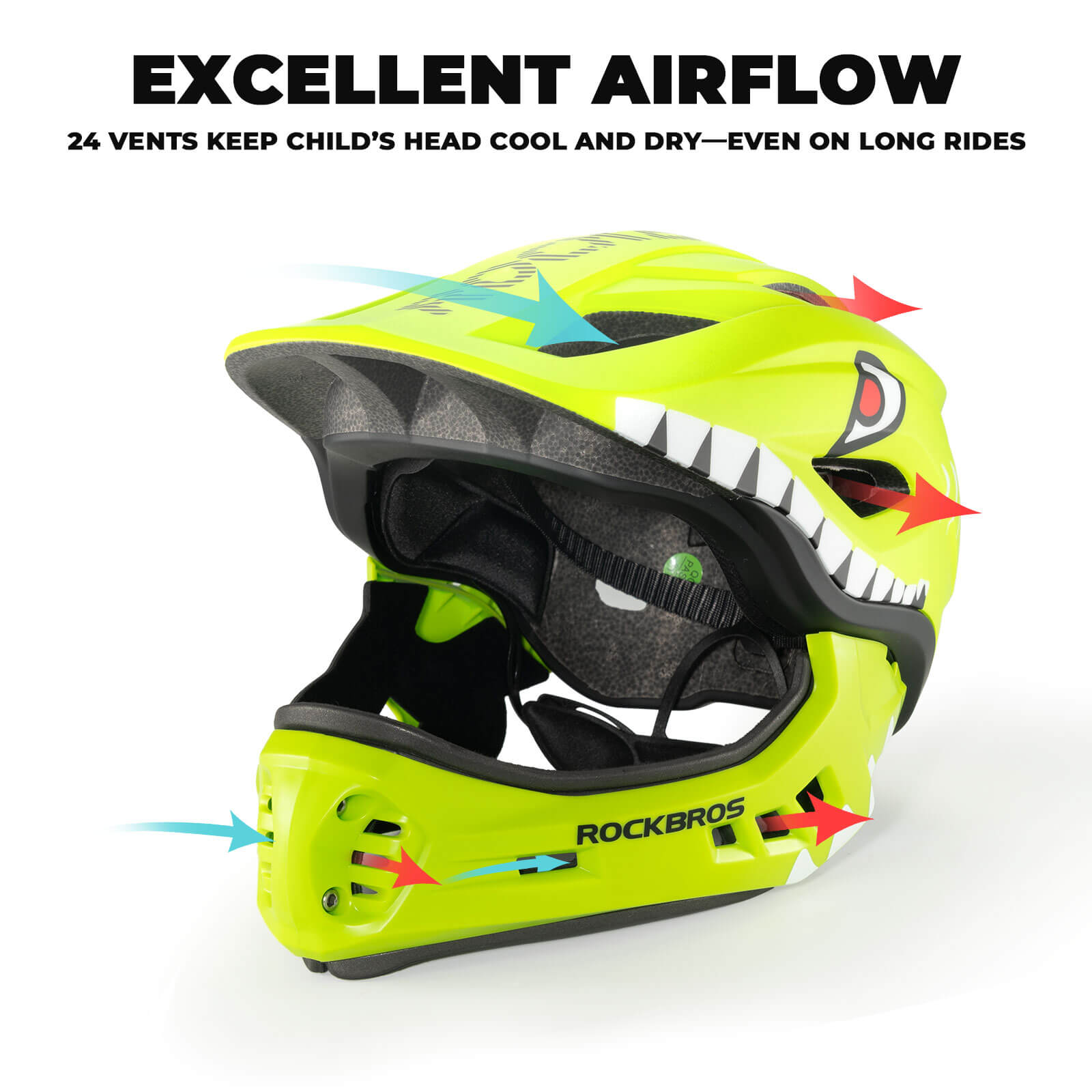 ROCKBROS kids detachable full face bike helmet, lightweight and adjustable for safe cycling and outdoor sports
#Color_Green